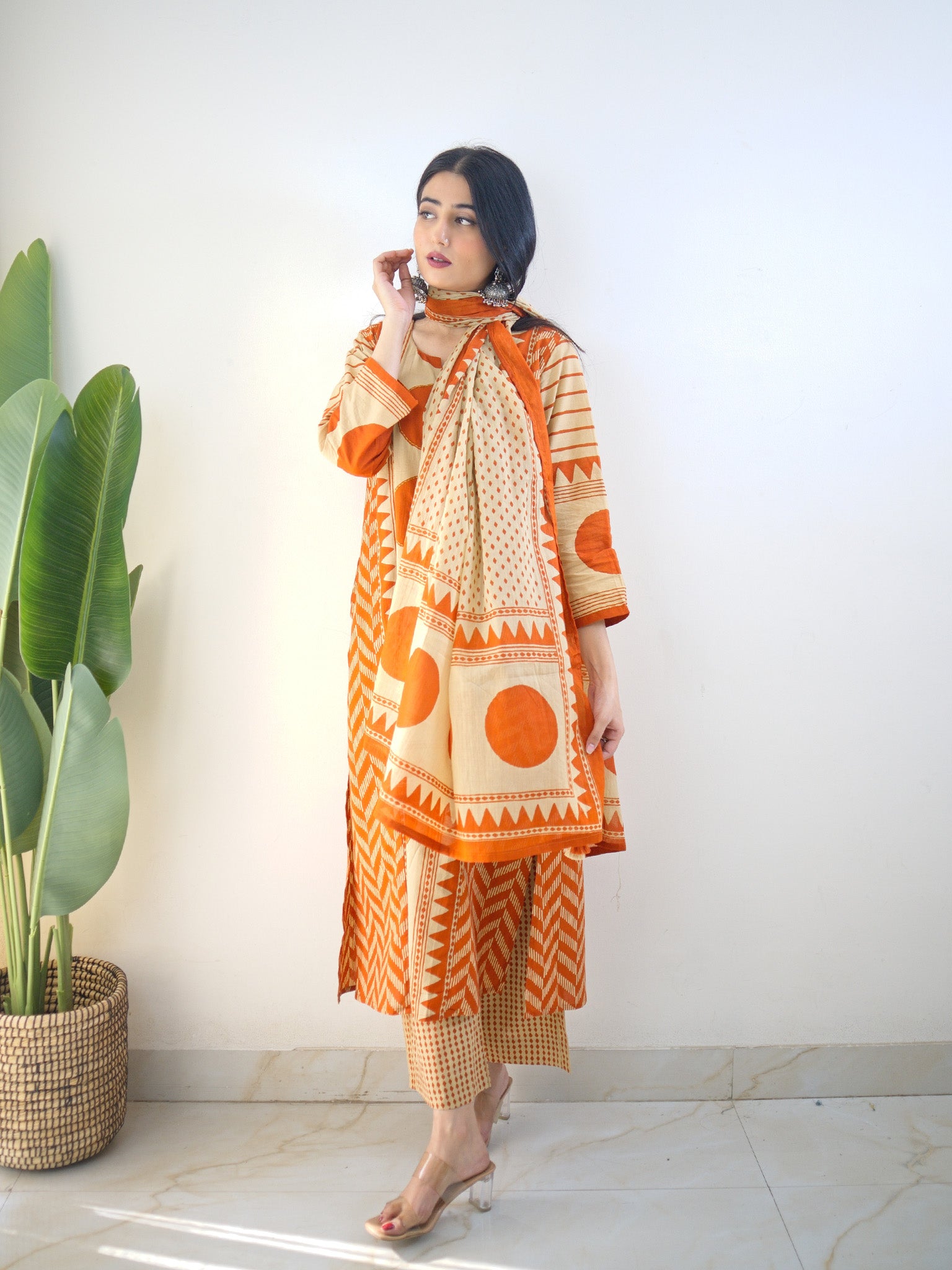 Harshi Rust Cotton Ajrakh Katha Detailed Dupatta Set