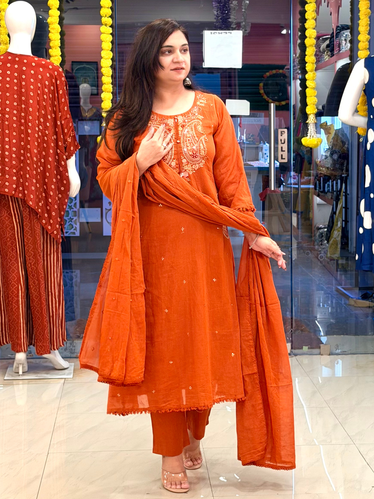 Sufi Rust Mul Cotton HandEmbroidered A-line Dupatta Set