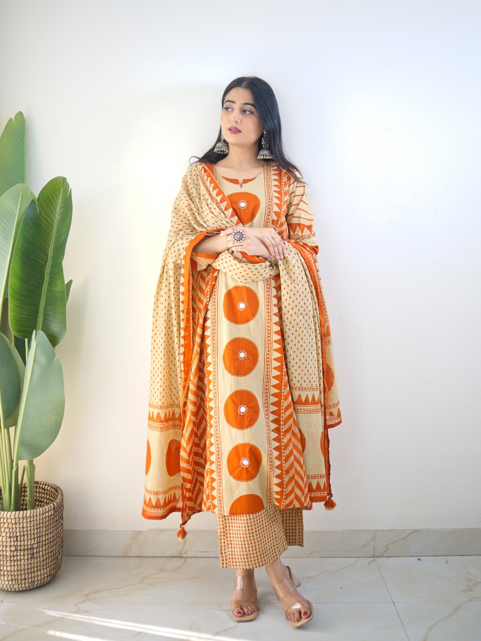 Harshi Rust Cotton Ajrakh Katha Detailed Dupatta Set