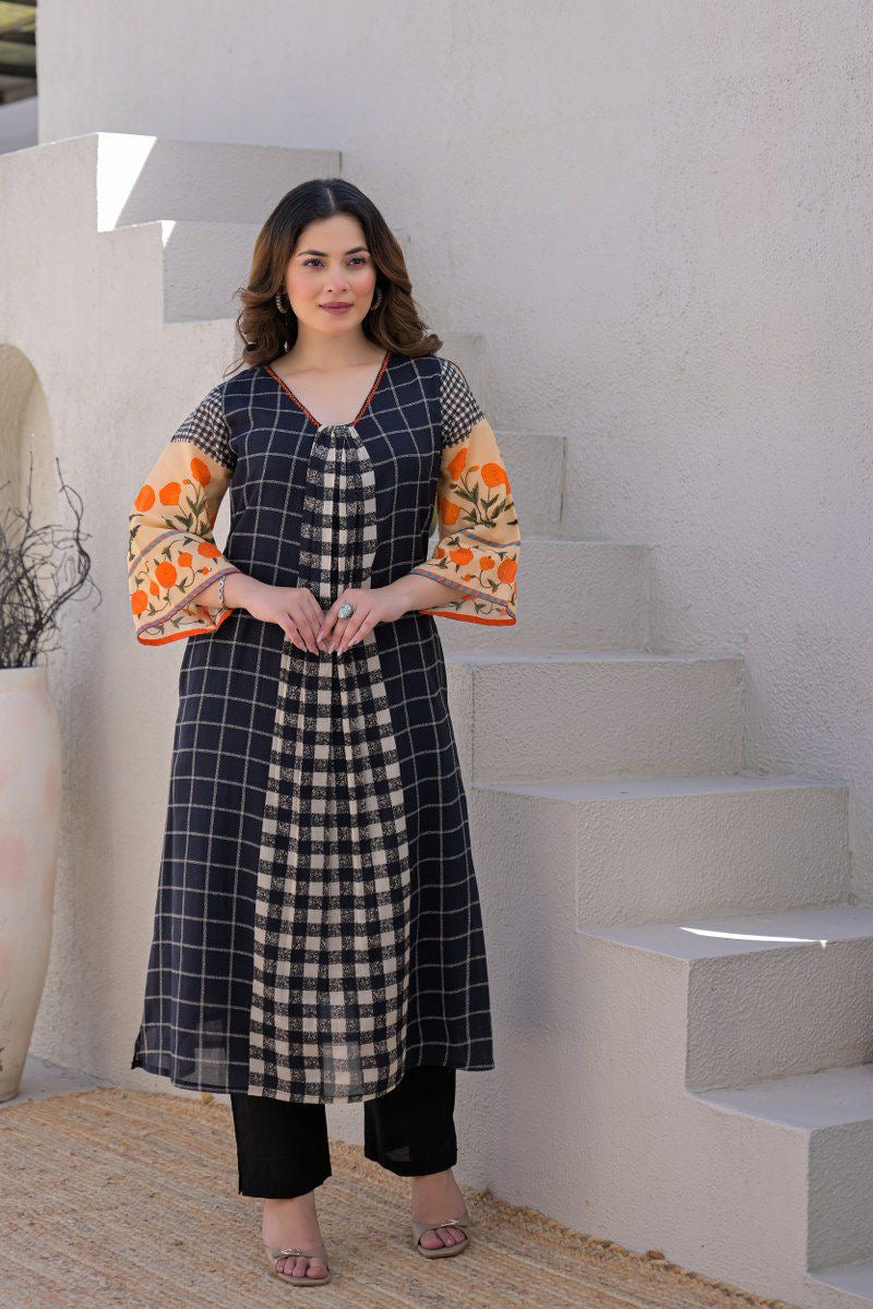 Ridah Black Mul Cotton Embroidered A-line Kurta Set