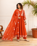 Ruksaar Rust Mul Cotton Embroidered A-line Dupatta Set