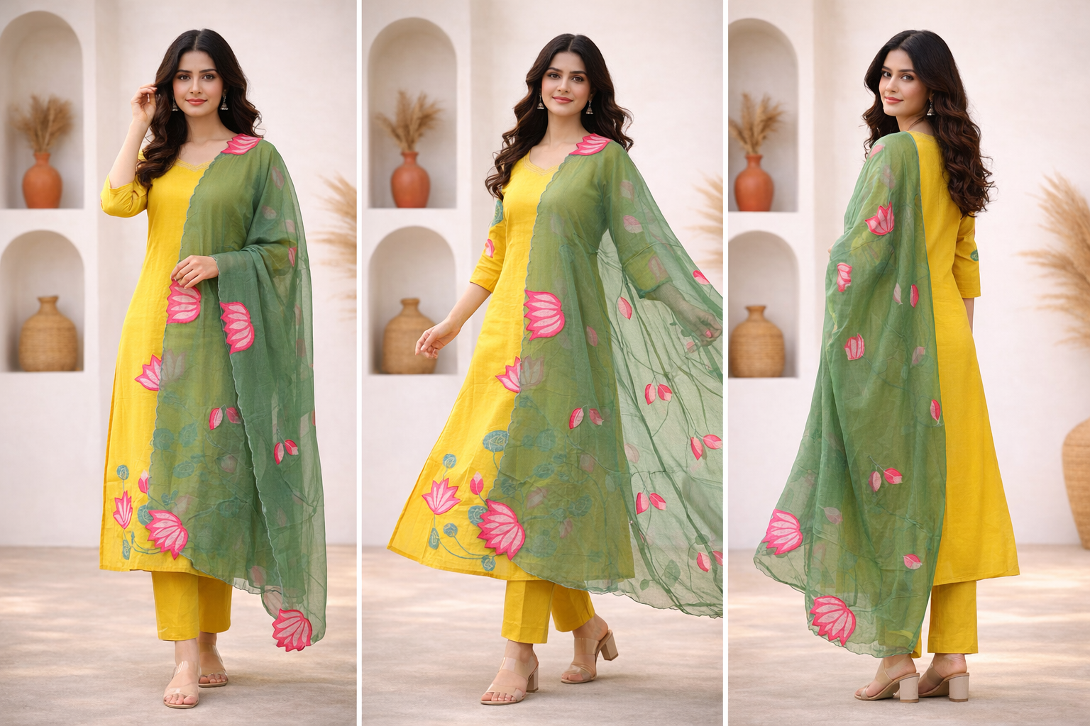 Kiara Yellow Russian Silk A-line Applique Deatiled Dupatta Set