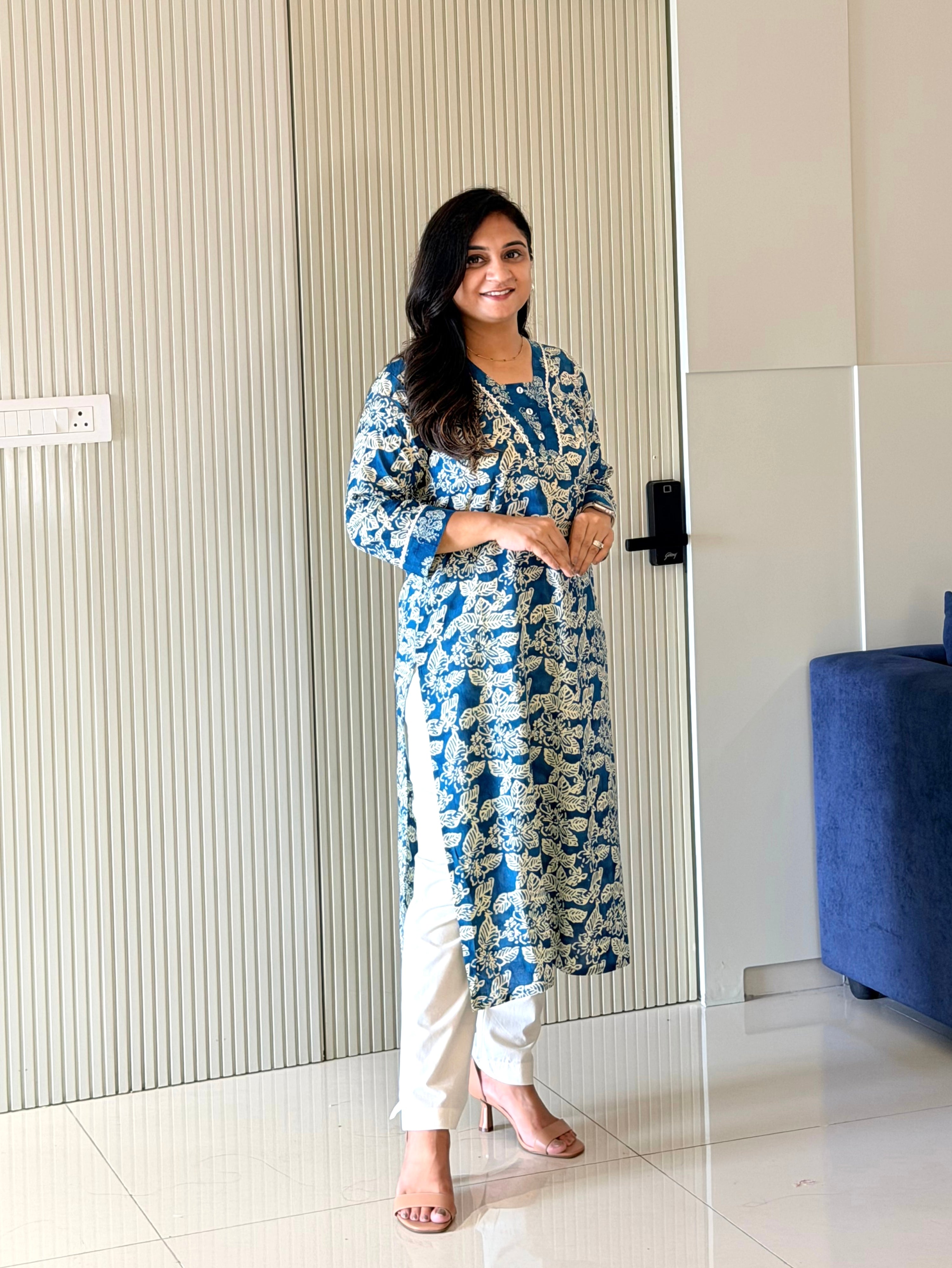 Fariha Cobalt Blue Cotton Floral Casual Straight Kurta