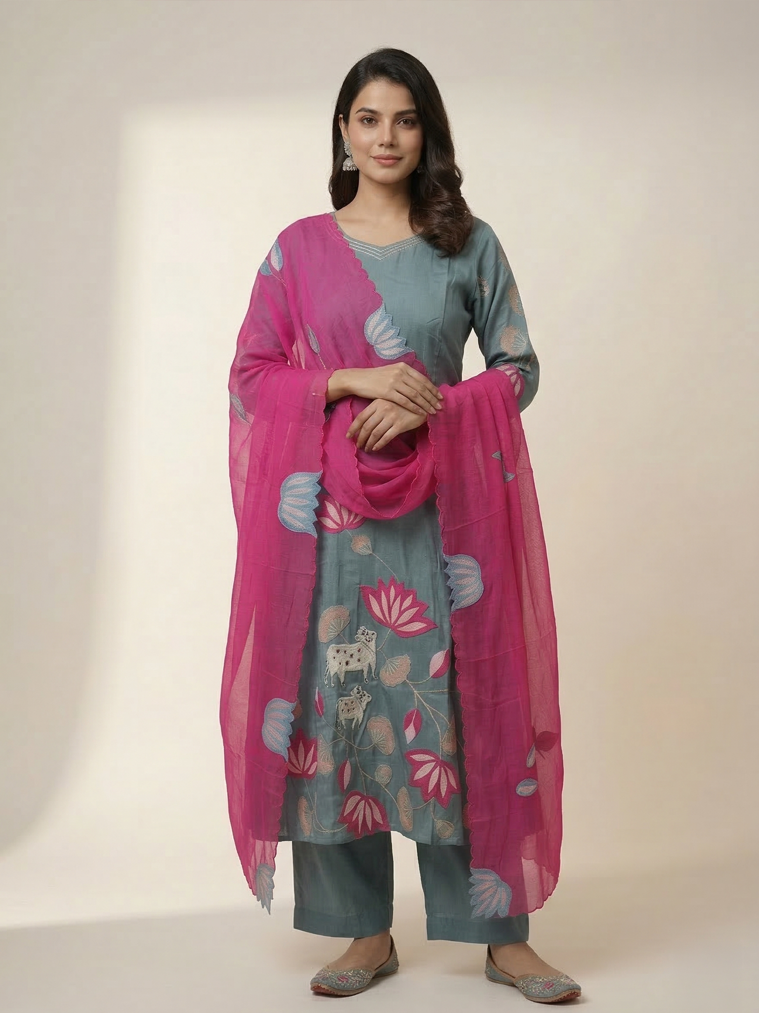 Kiara Grey Russian Silk A-line Applique Deatiled Dupatta Set