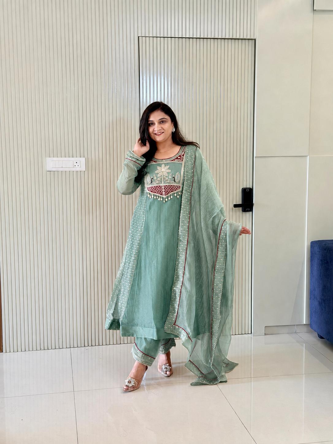 Rehana Green Shimmer Tissue Embroidered Anarkali Dupatta Set
