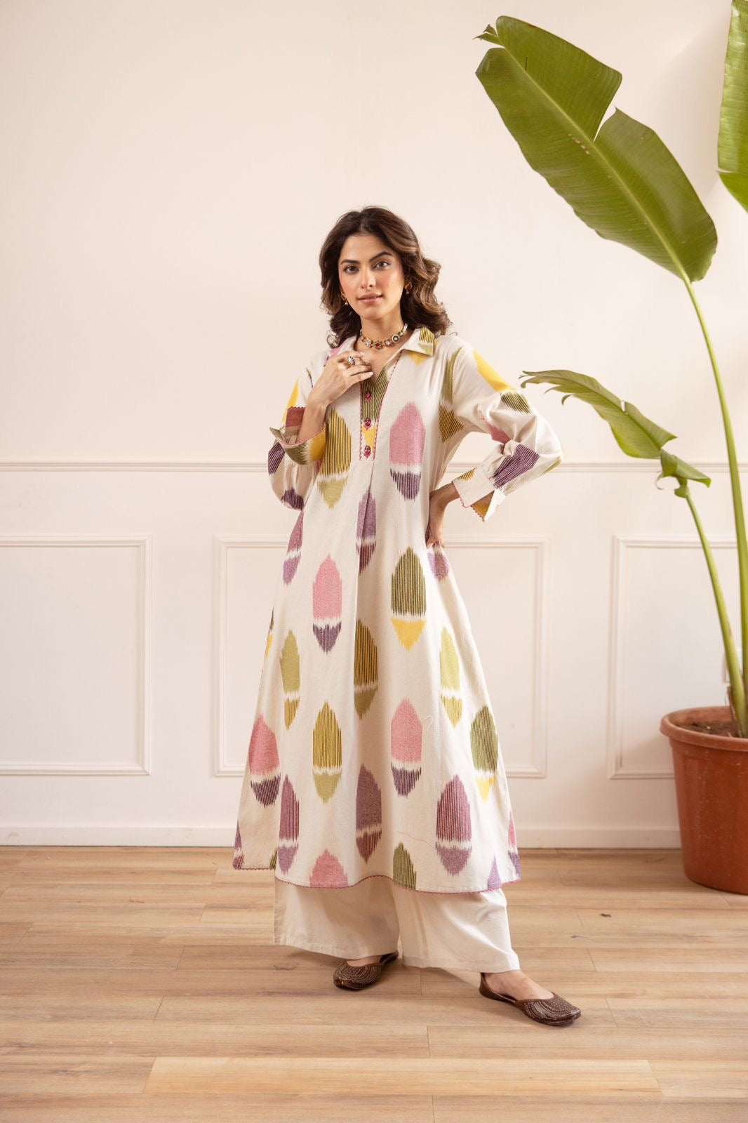 Hania Offwhite MultiColor Ikkat A-line Kurta Set