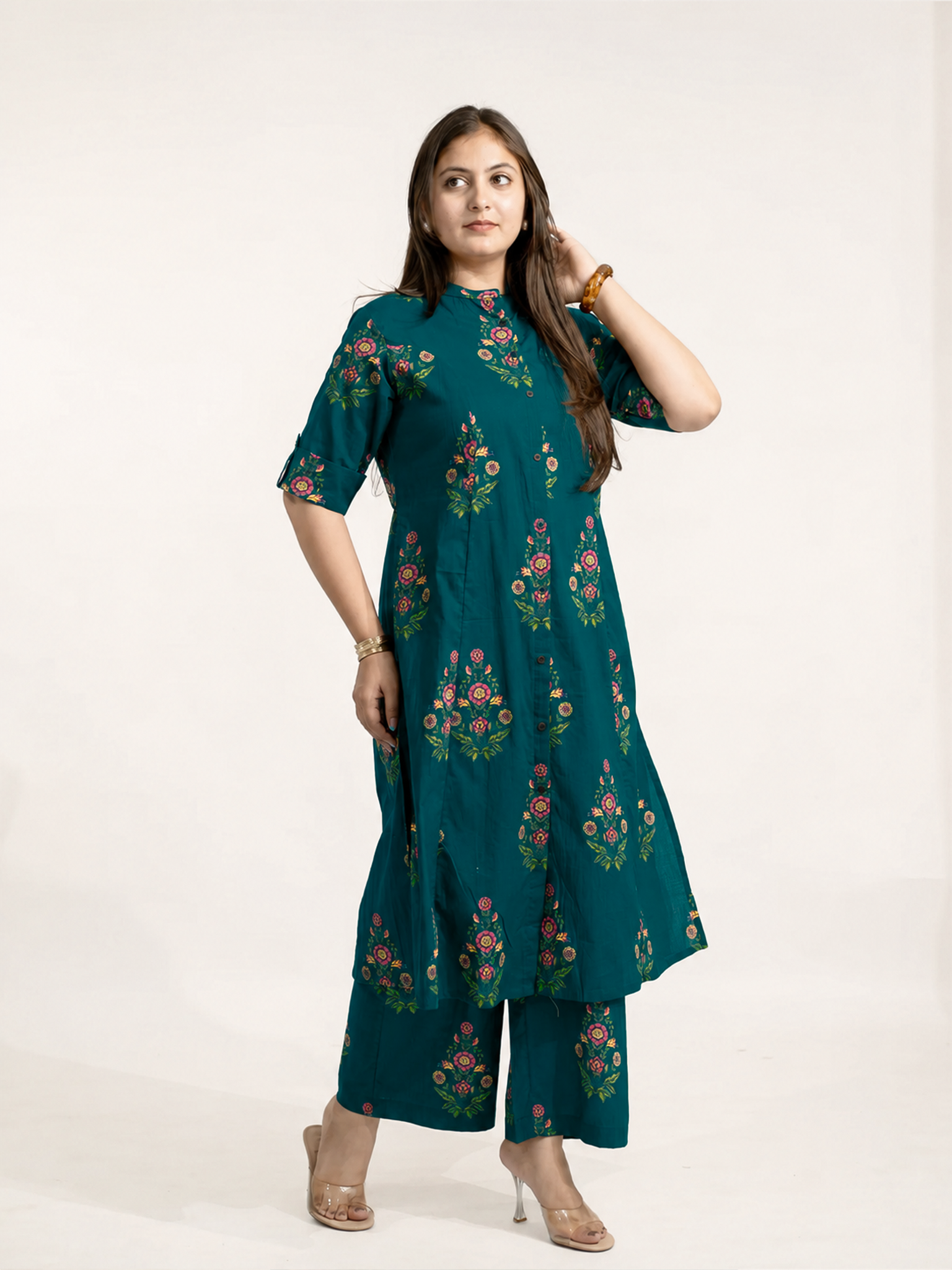 Liora Blue Floral A-line Cotton Kurta Set