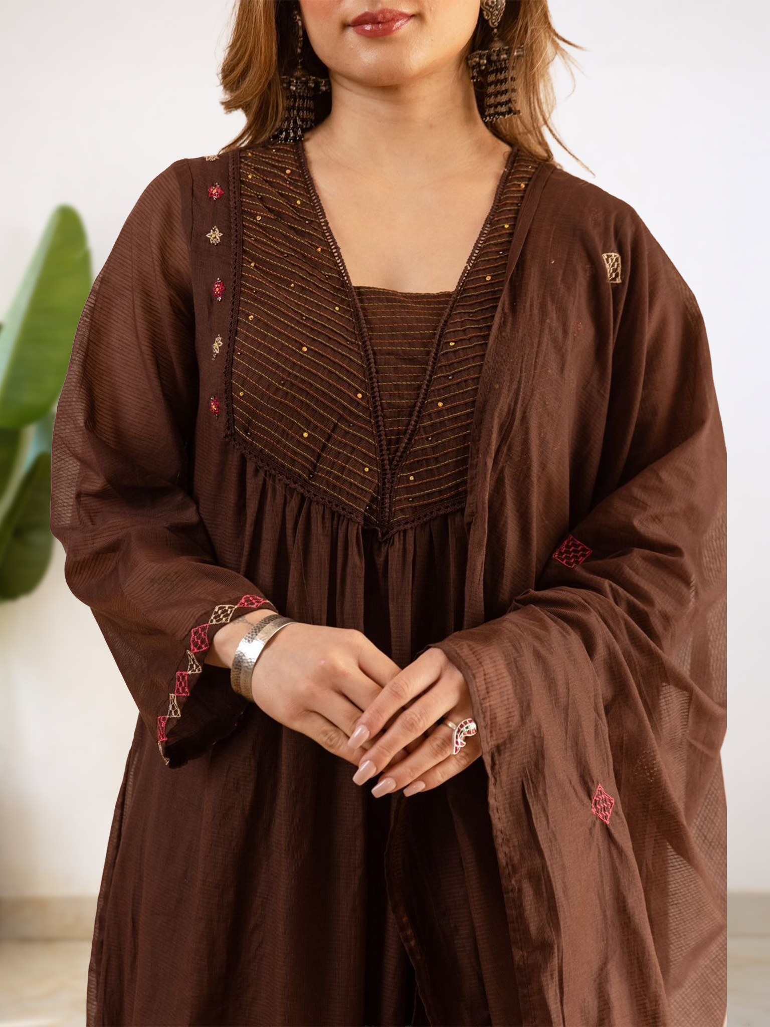 Ayla Brown Kota Doria Embroidered A-line Dupatta Set