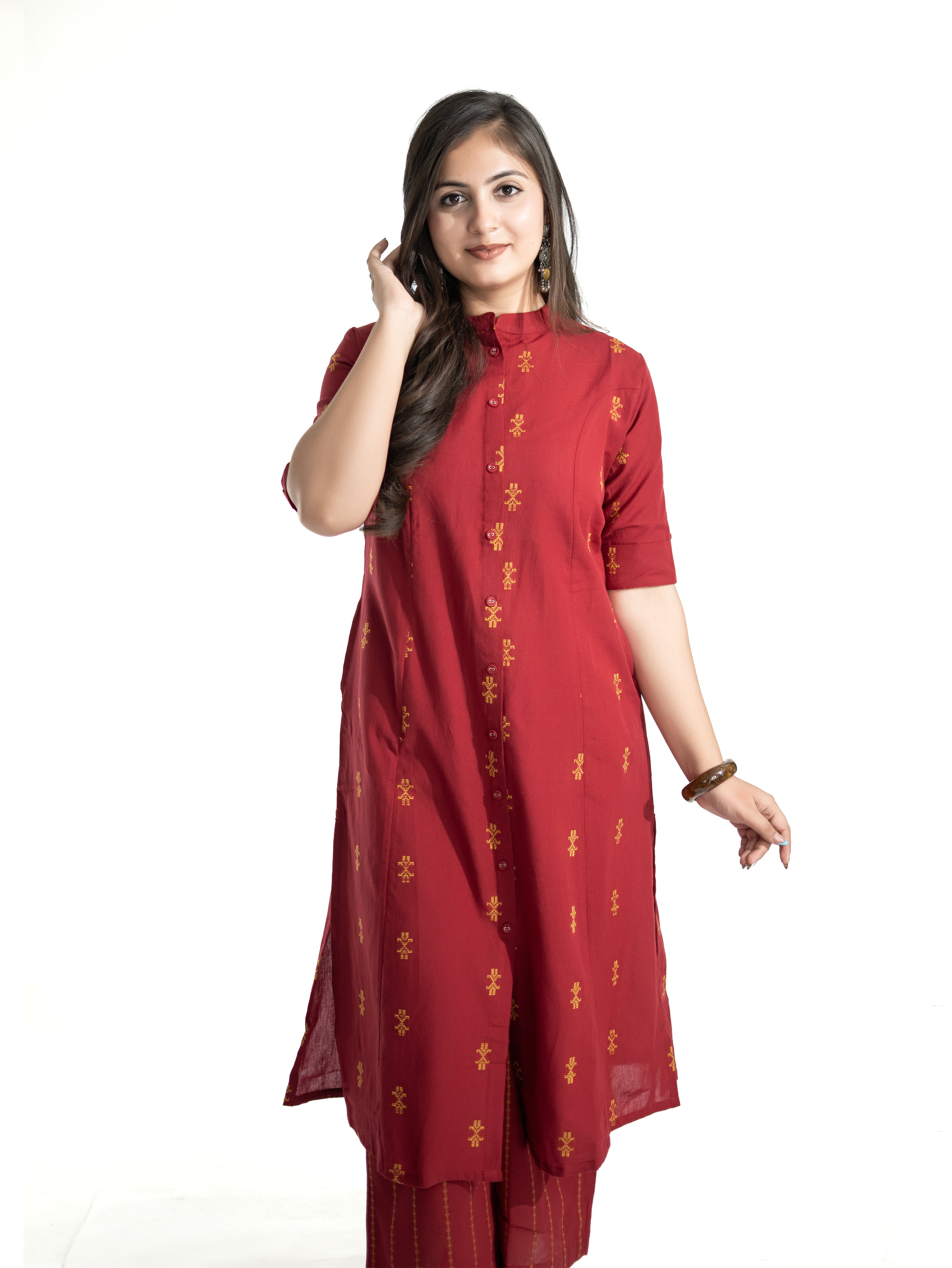 Dravya Maroon Handloom Cotton A-line Kurta Set