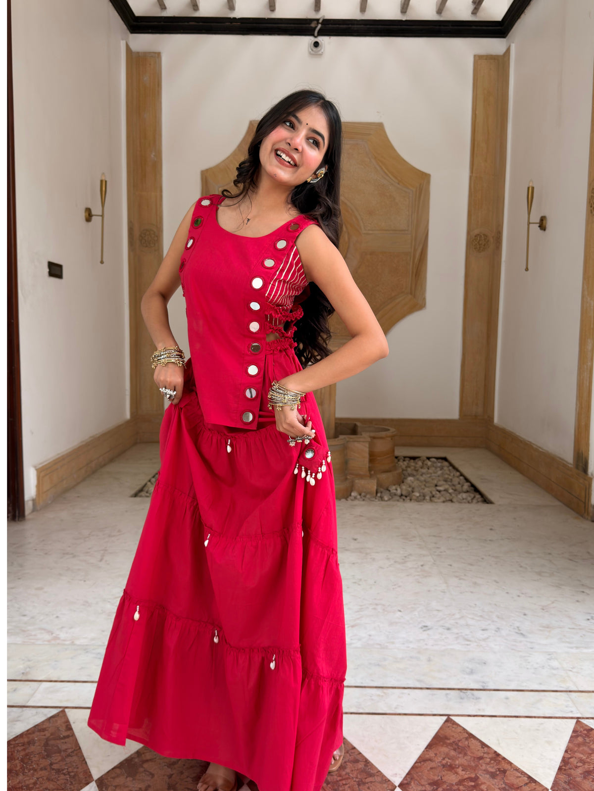 Niyati Pink Cotton Festive Hand Detailed Skirt Set