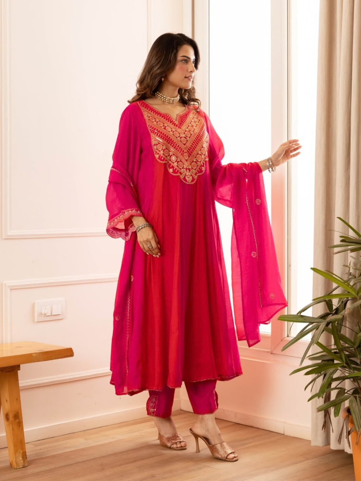 Zola Pink Mul Chanderi Embroidered A-line Dupatta Set