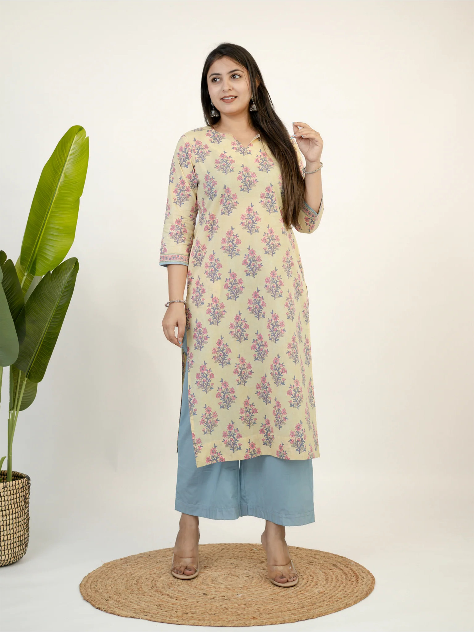 Hiba Yellow Gulbahar Floral Cotton Kurta Set