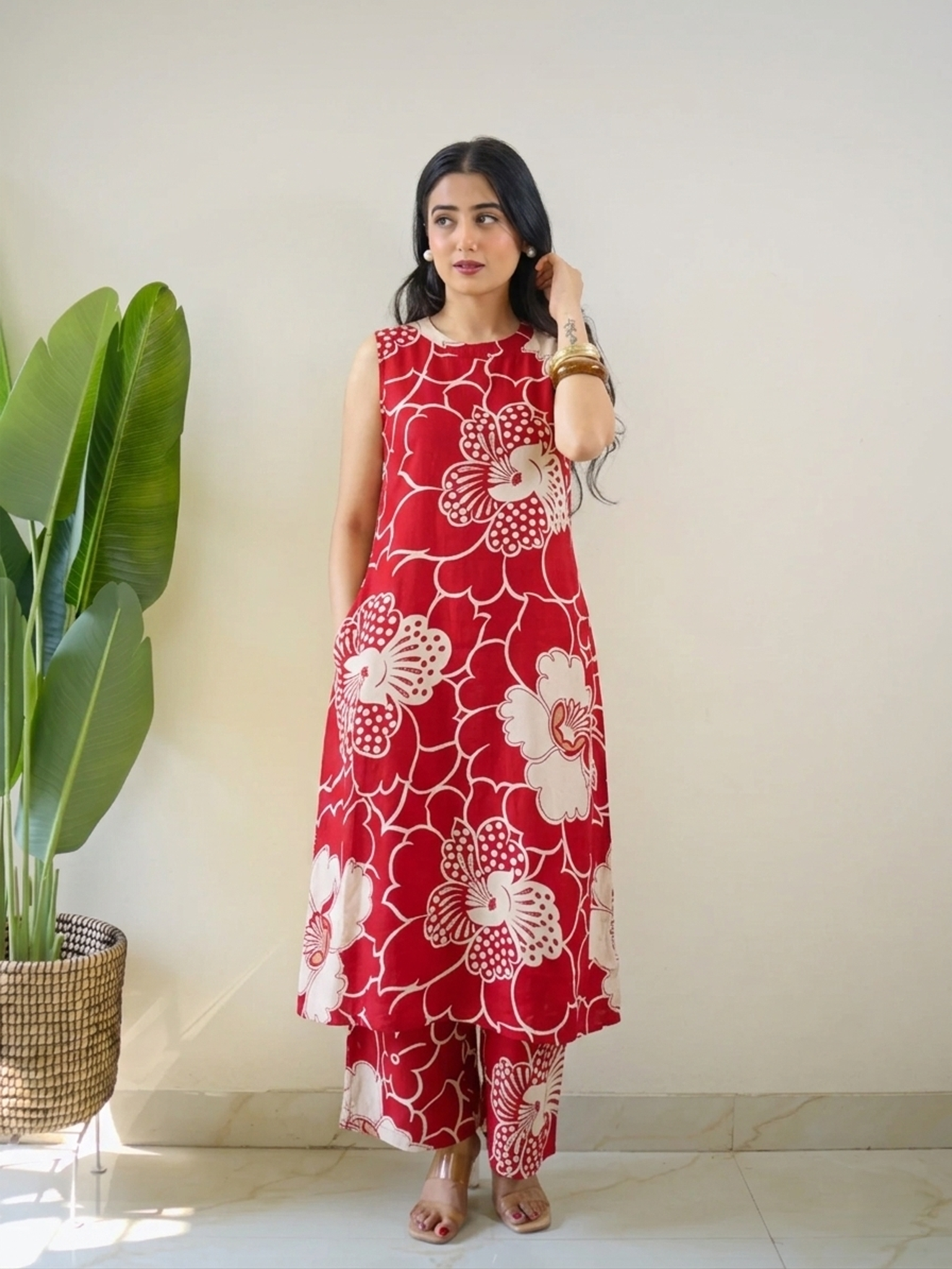 Dia Red Floral Rayon A-line Coord Set