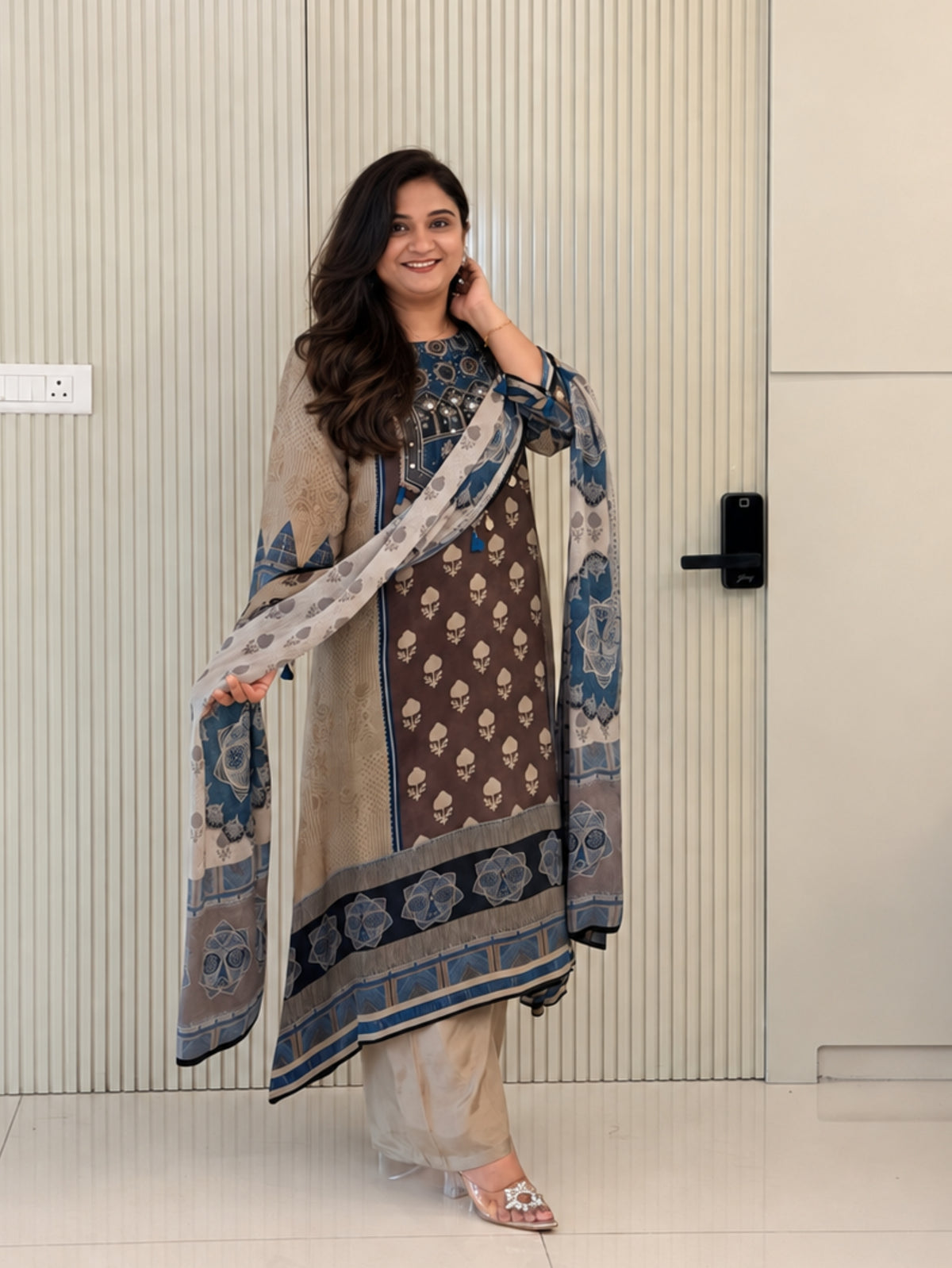 Rusha Beige Natural Crape Asymmetric HandEmbroidered Dupatta Set