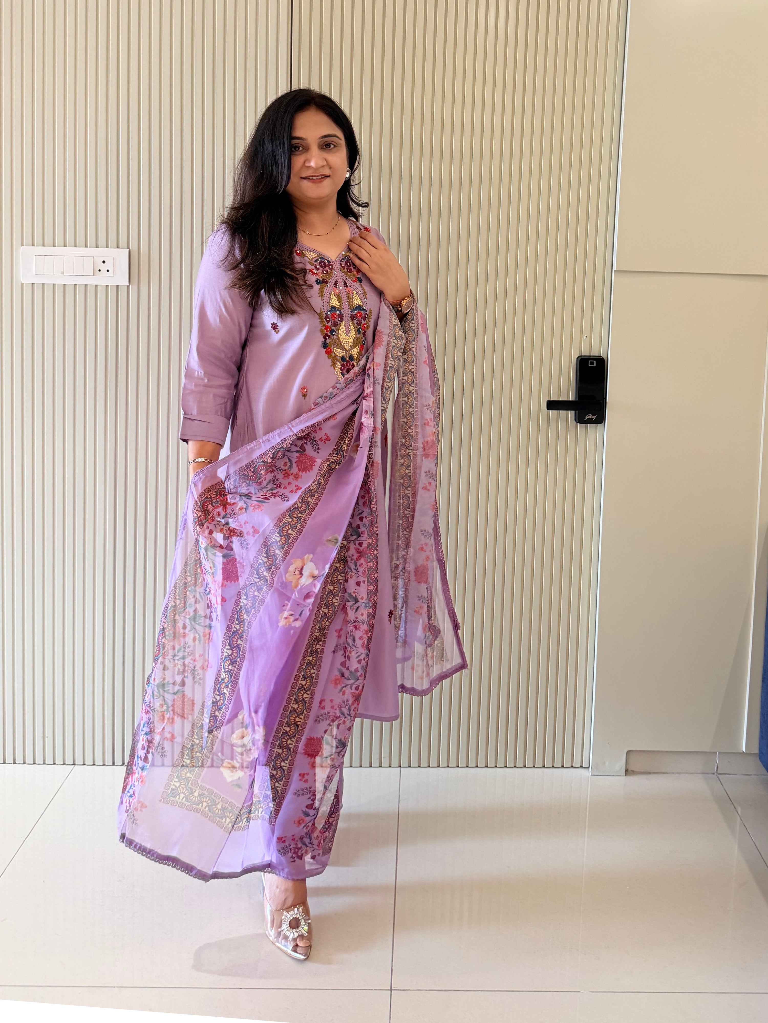 Rubina Lilac Modal Silk HandEmbroidered Dupatta Set