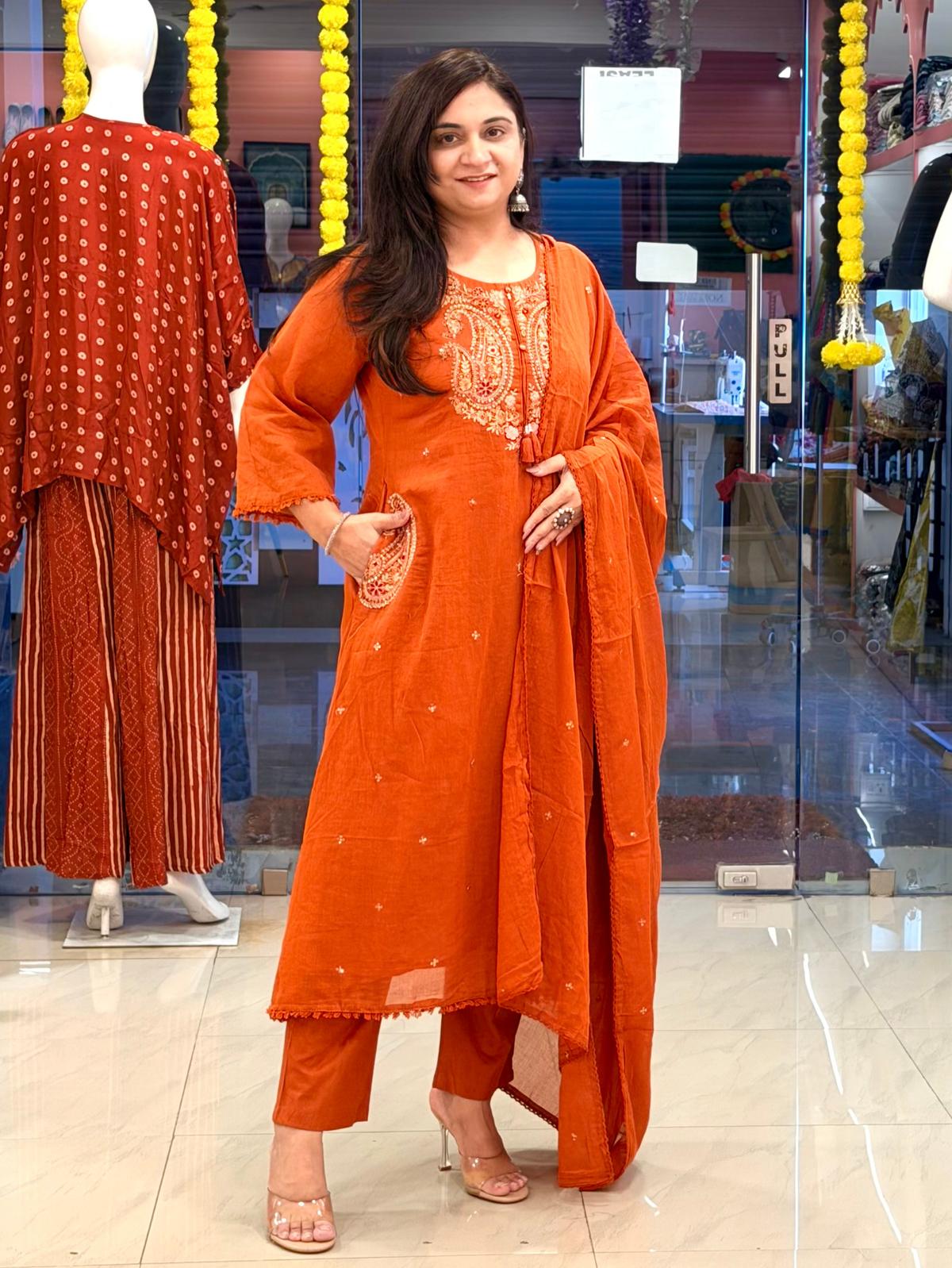 Sufi Rust Mul Cotton HandEmbroidered A-line Dupatta Set