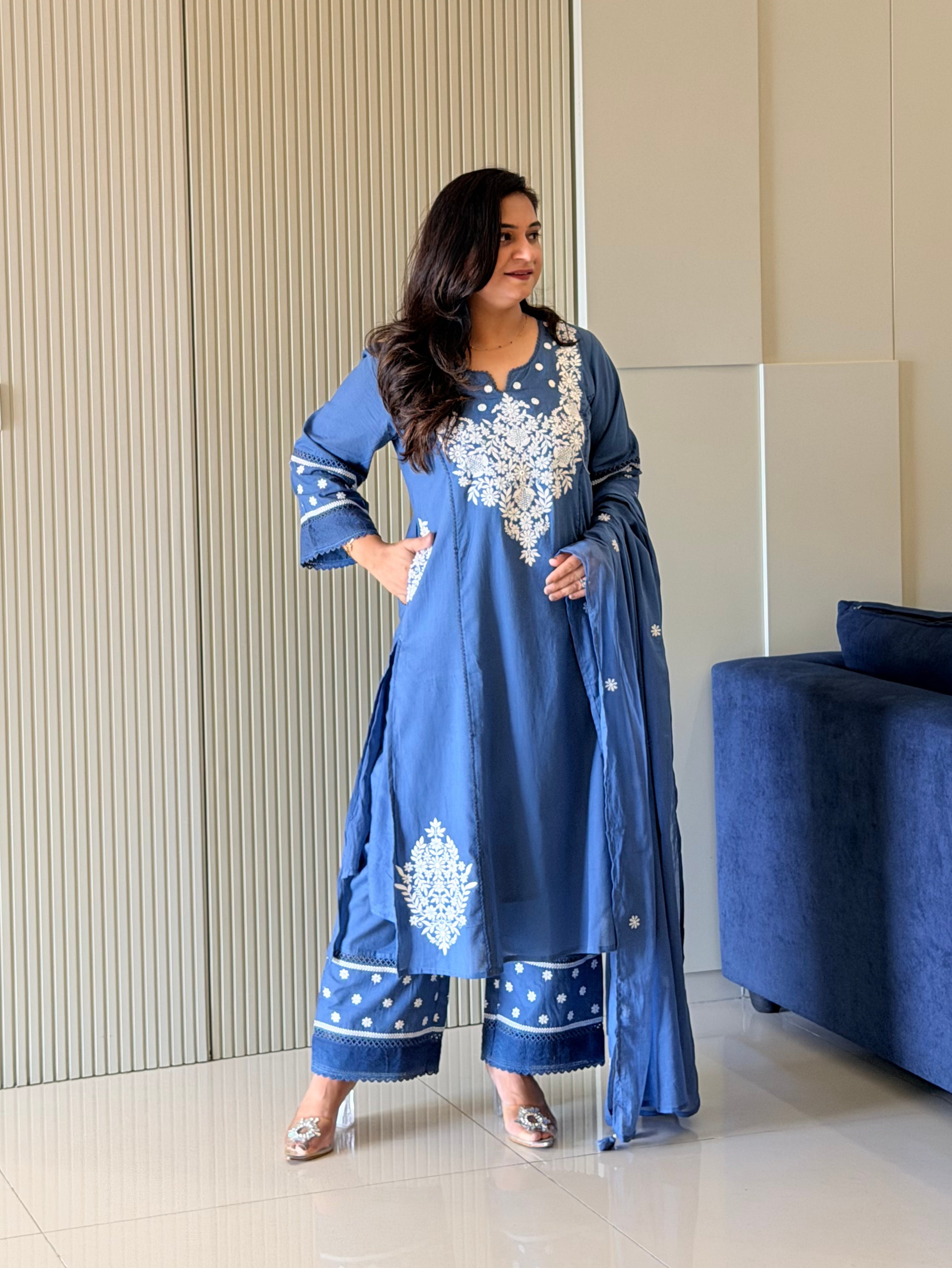 Naila Blue Premium Mul Cotton Embroidered Dupatta Set