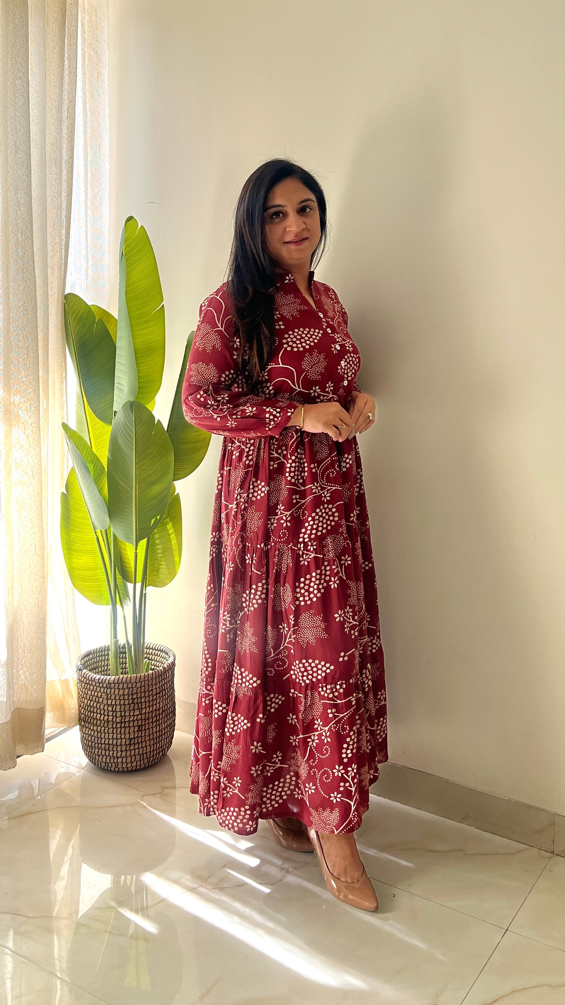 Sarfa Maroon Crystal Muslin Casual Long Dress