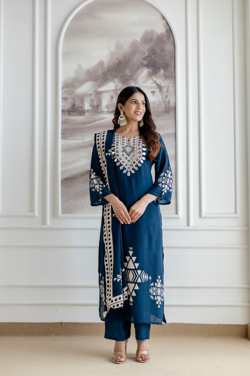 Mansi Crepe Deep Blue HandEmbroidered Pant Set