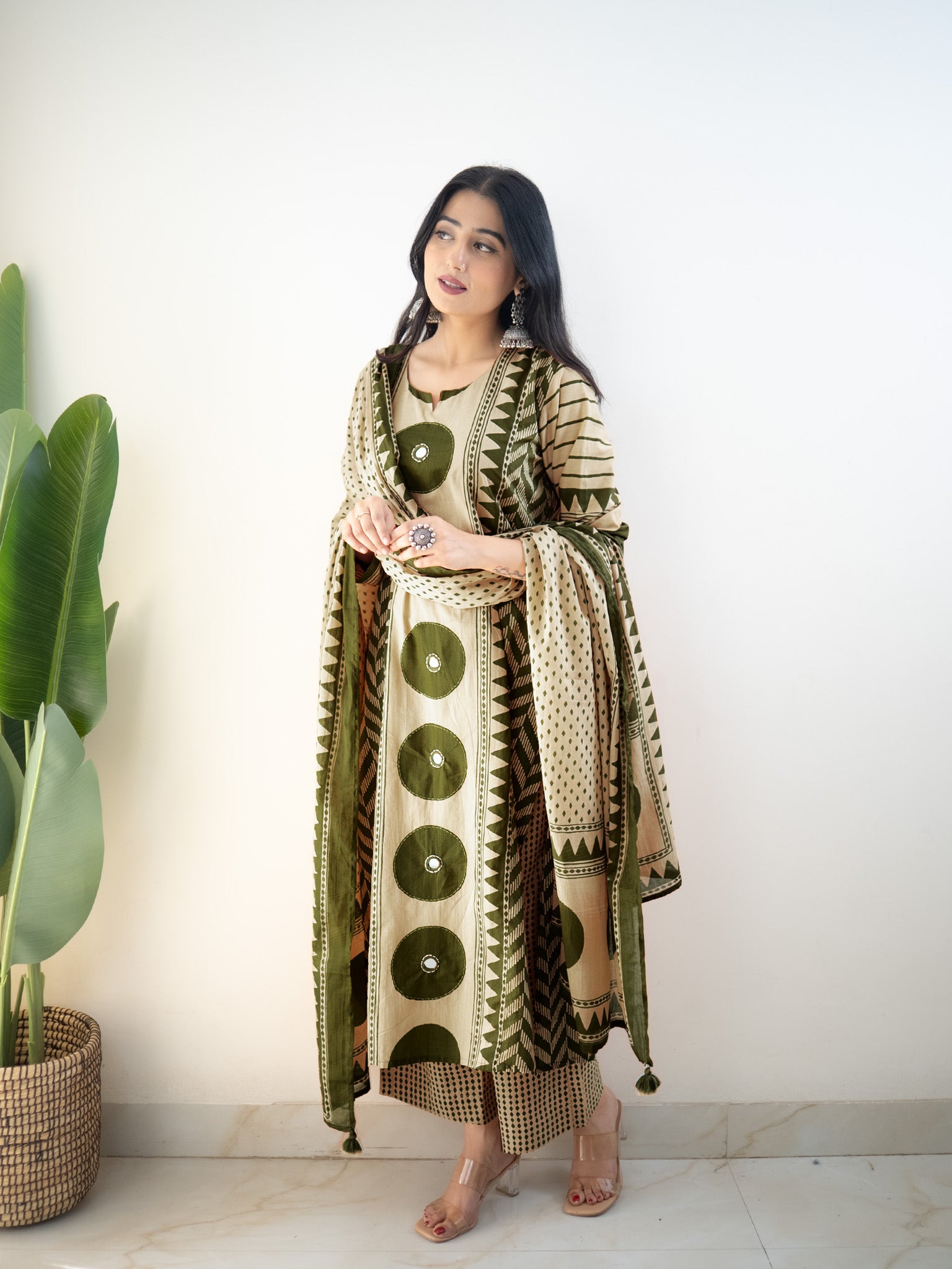 Harshi  Green Cotton Ajrakh Katha Detailed Dupatta Set