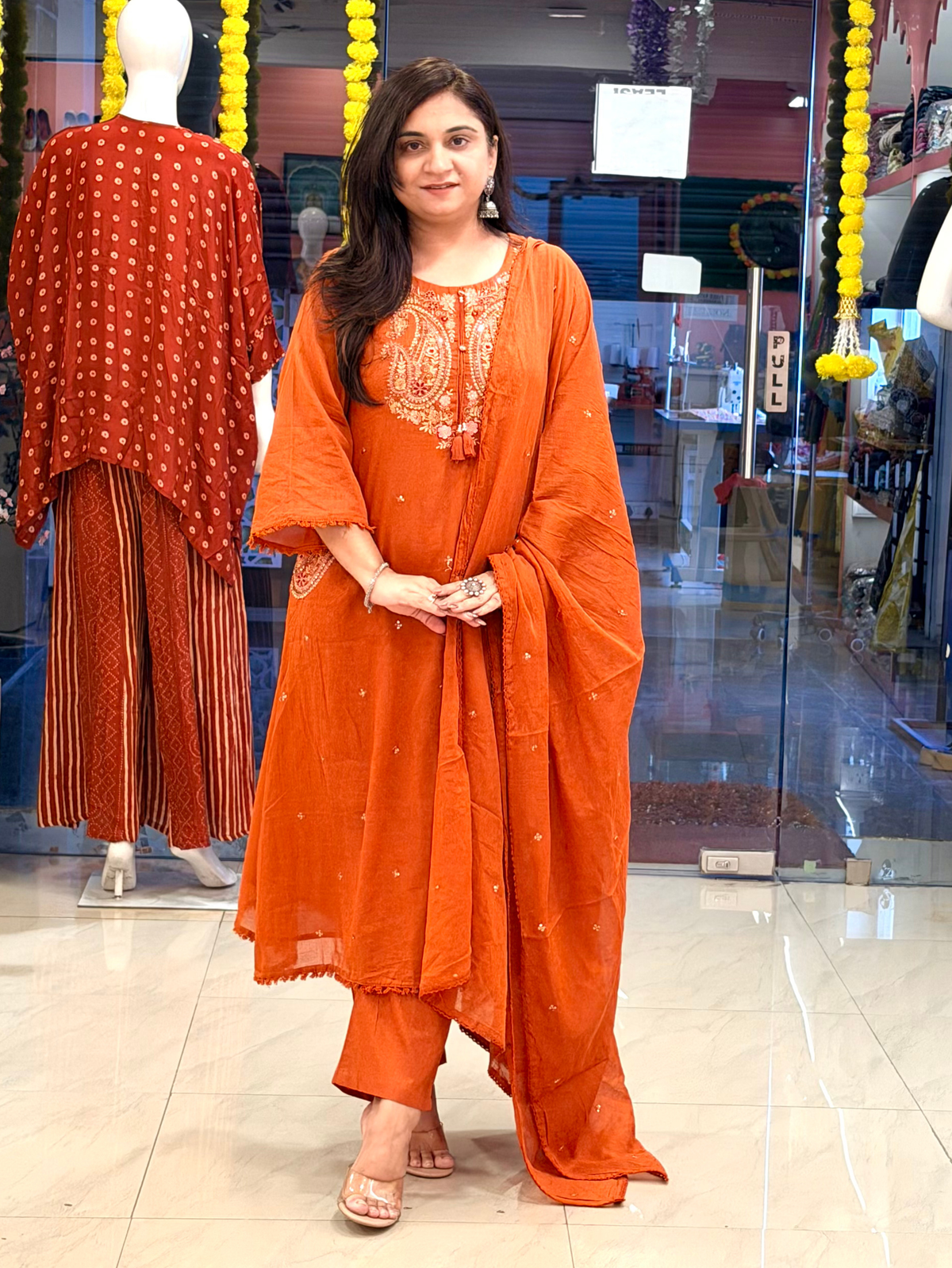 Sufi Rust Mul Cotton HandEmbroidered A-line Dupatta Set