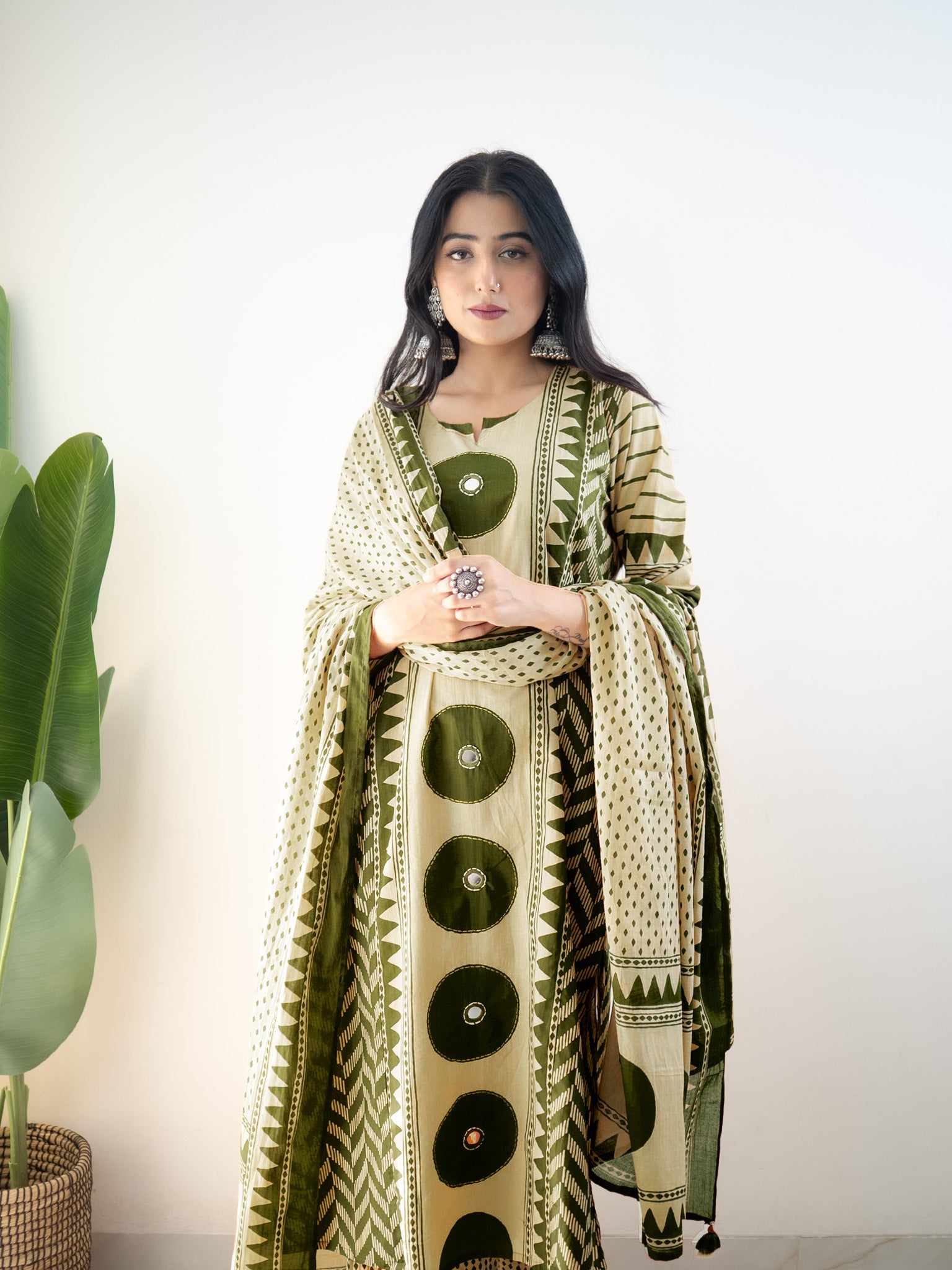 Harshi  Green Cotton Ajrakh Katha Detailed Dupatta Set