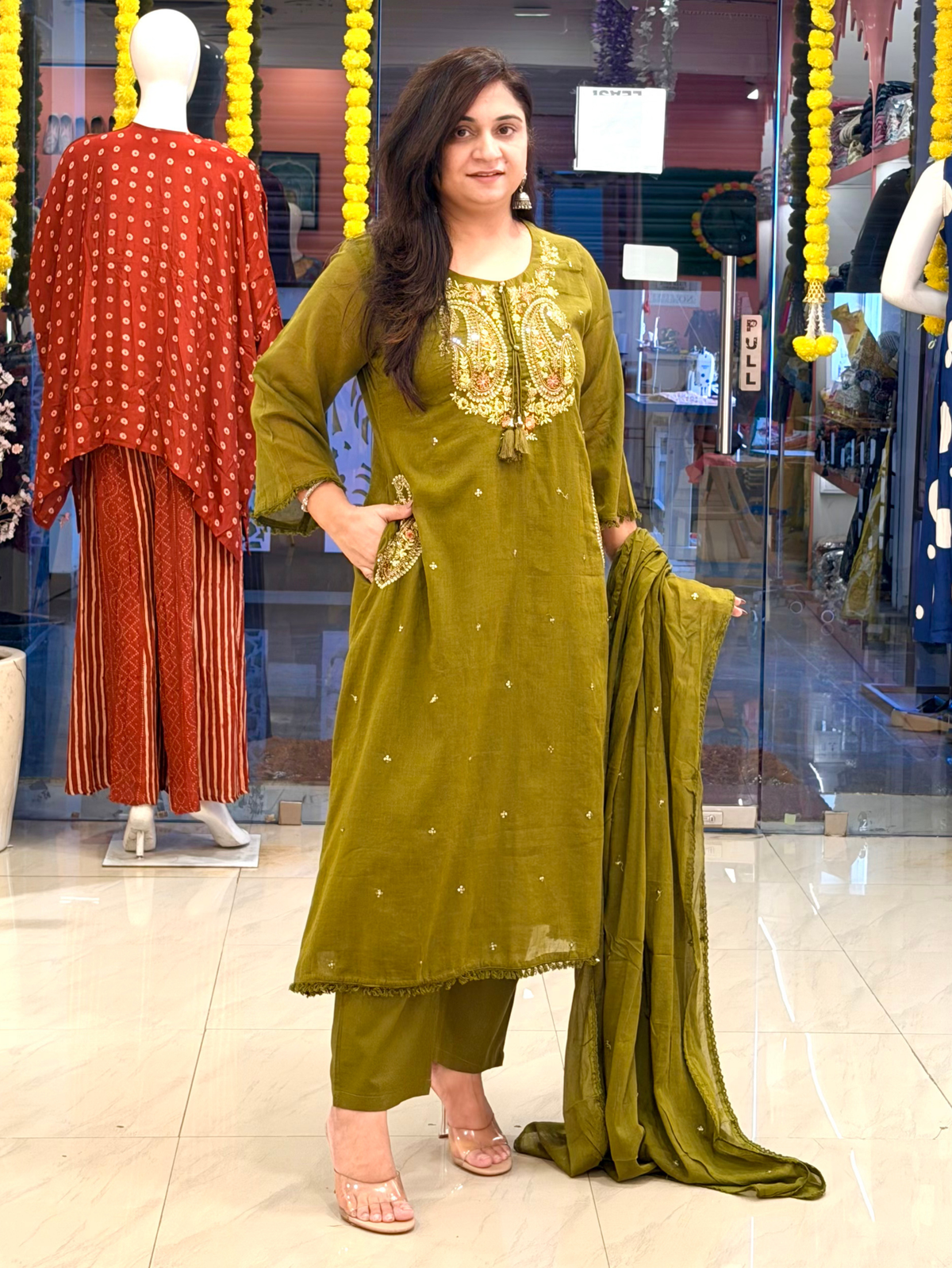 Sufi Green Mul Cotton HandEmbroidered A-line Dupatta Set