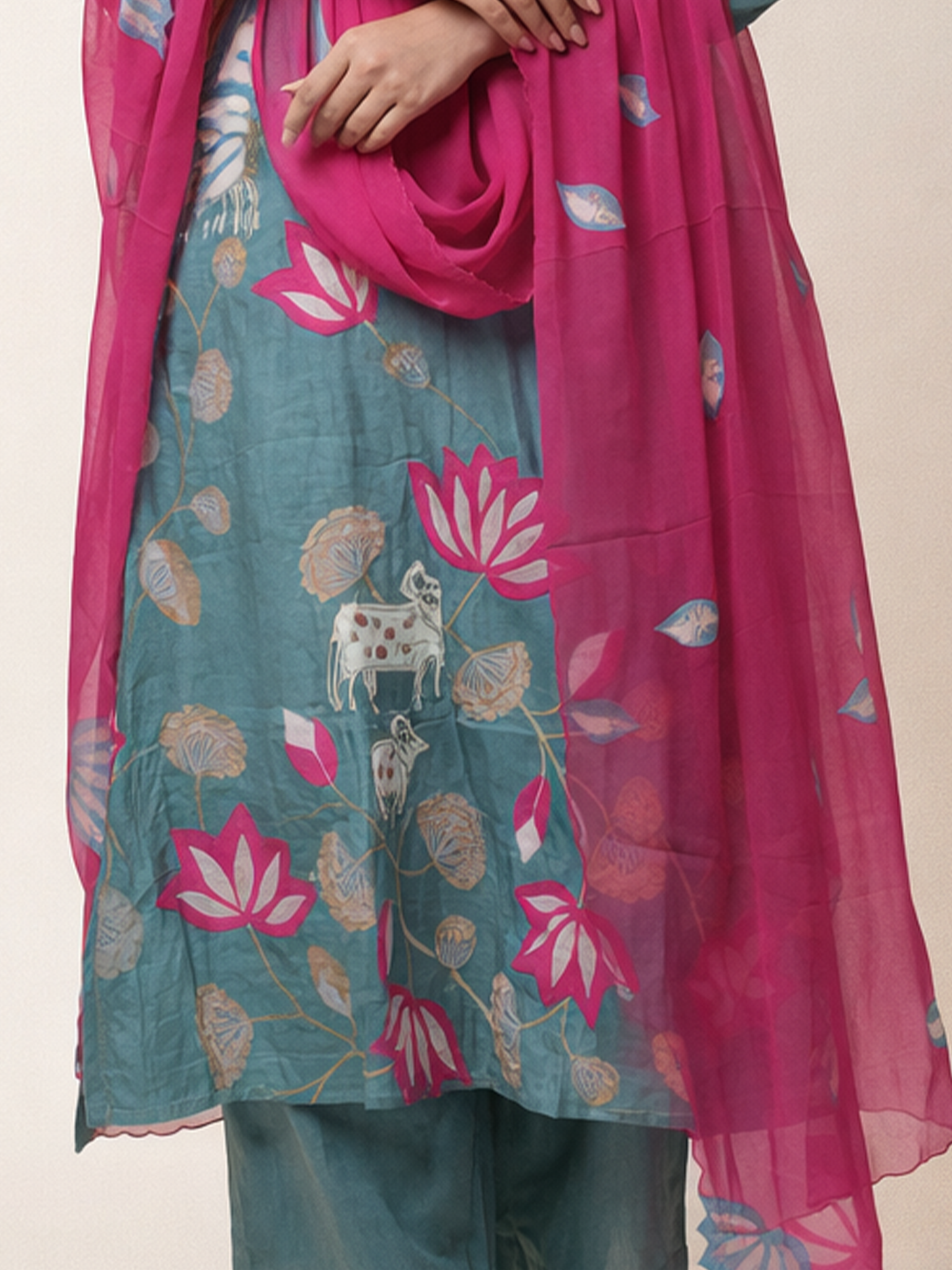 Kiara Grey Russian Silk A-line Applique Deatiled Dupatta Set