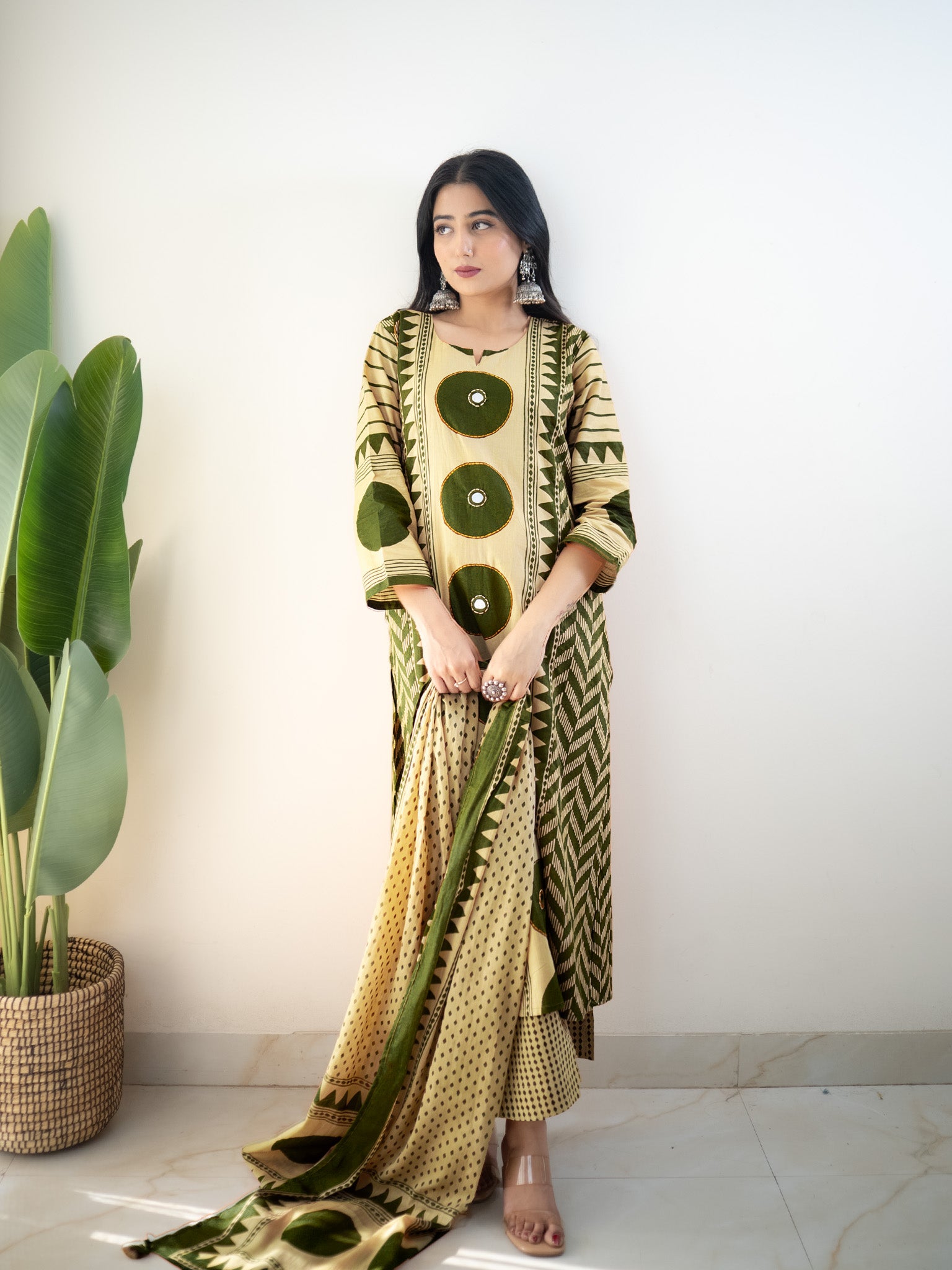 Harshi  Green Cotton Ajrakh Katha Detailed Dupatta Set