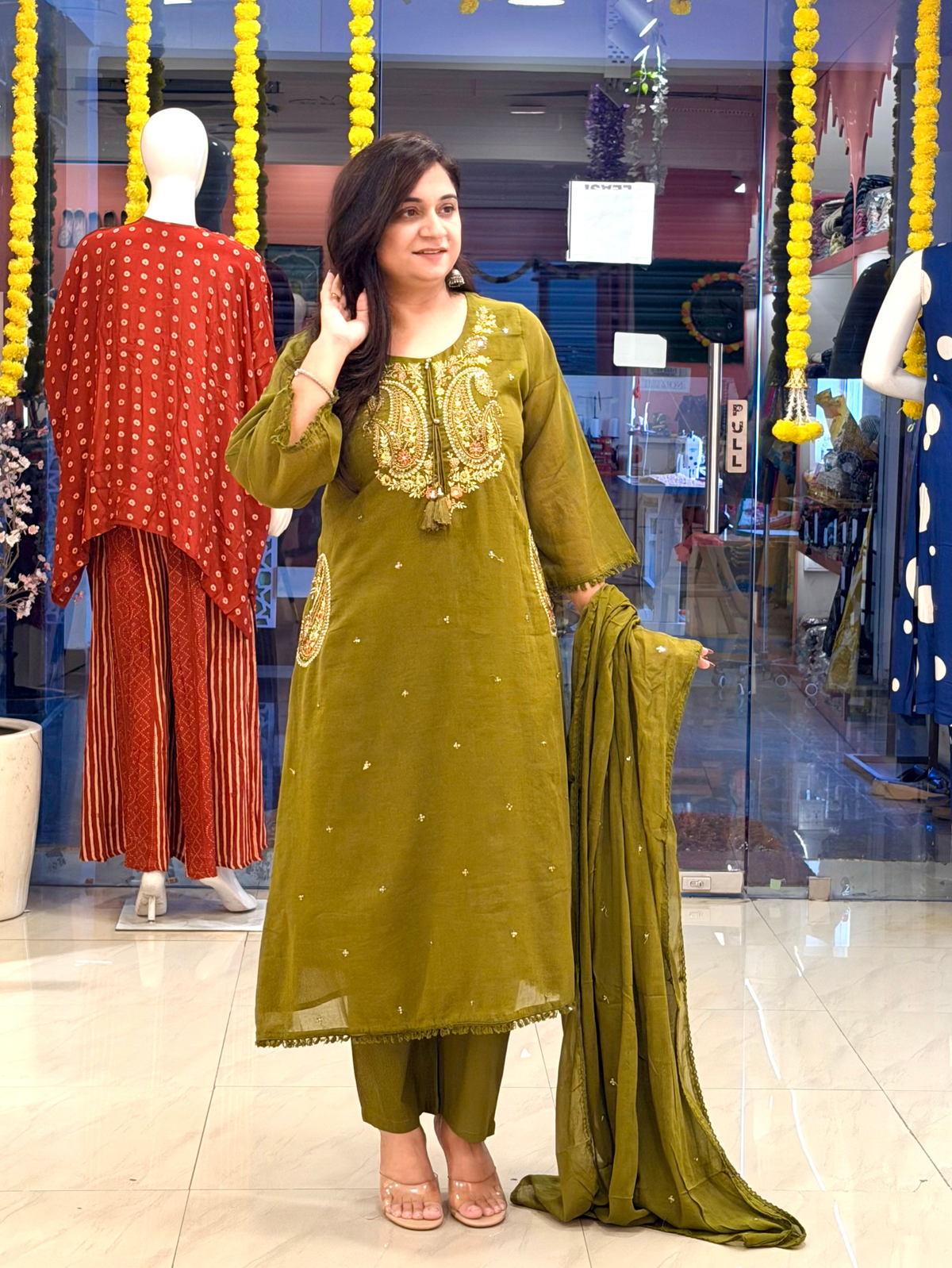 Sufi Green Mul Cotton HandEmbroidered A-line Dupatta Set