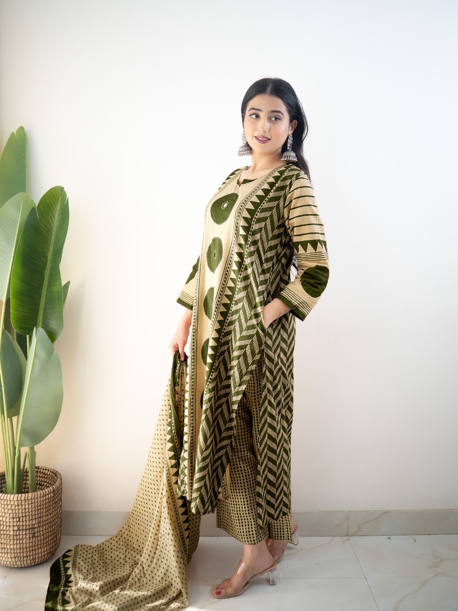 Harshi  Green Cotton Ajrakh Katha Detailed Dupatta Set