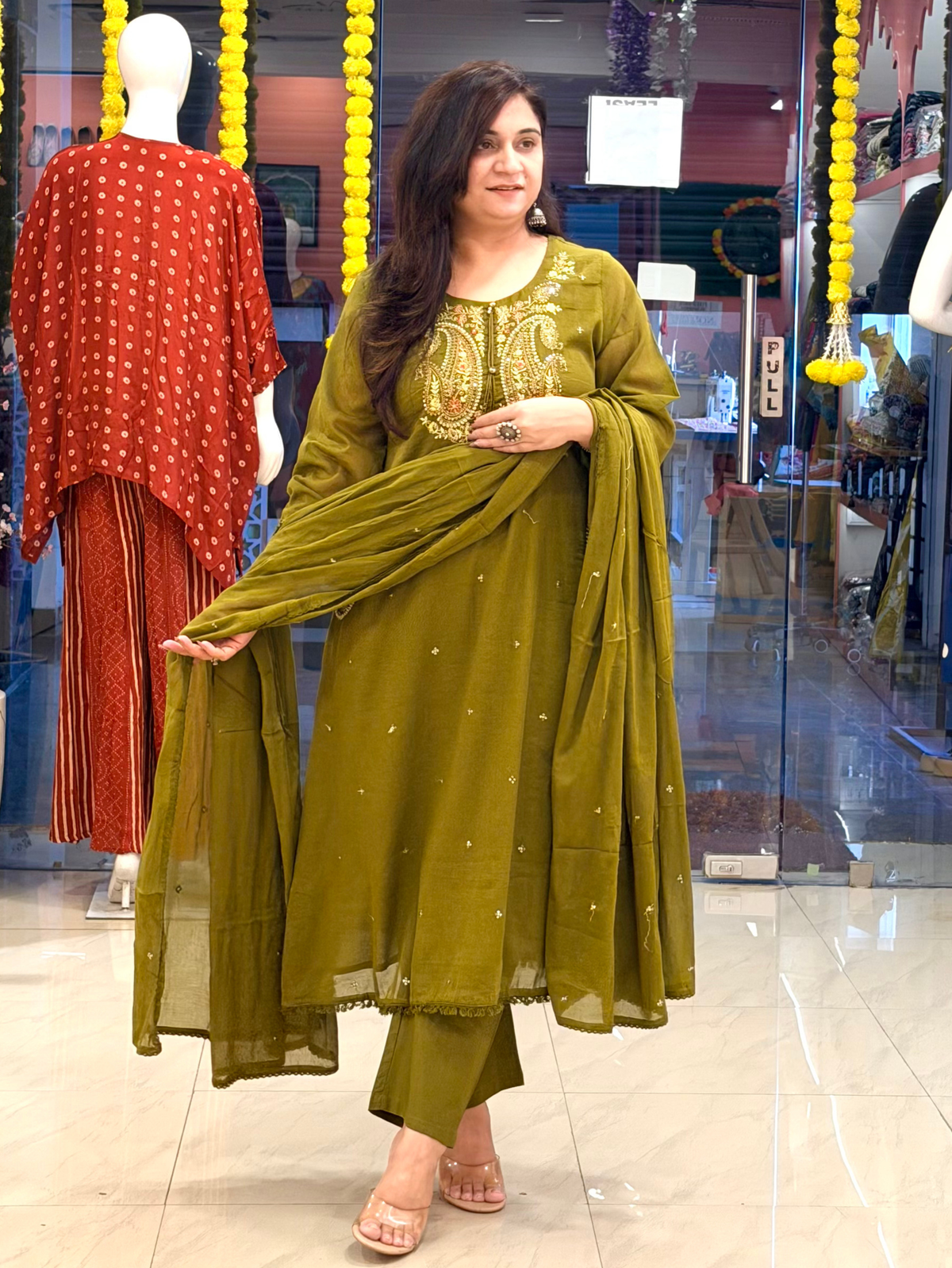 Sufi Green Mul Cotton HandEmbroidered A-line Dupatta Set