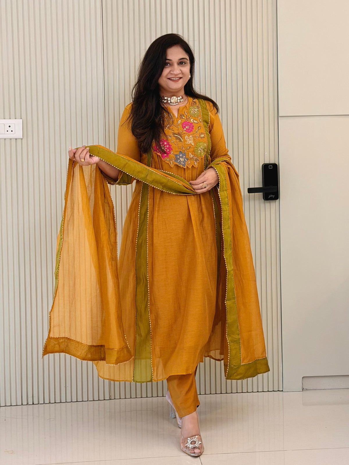 Sejal Yellow Mul Chanderi HandEmbroidered A-line Dupatta Set