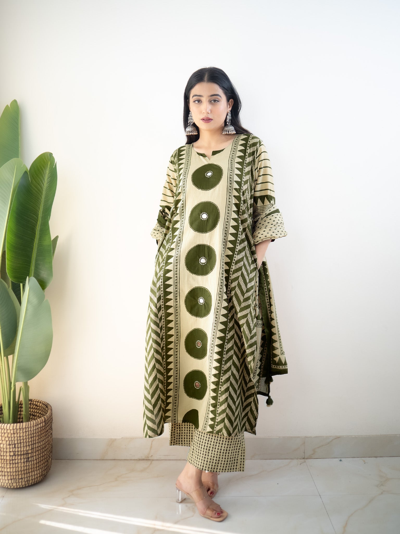 Harshi  Green Cotton Ajrakh Katha Detailed Dupatta Set
