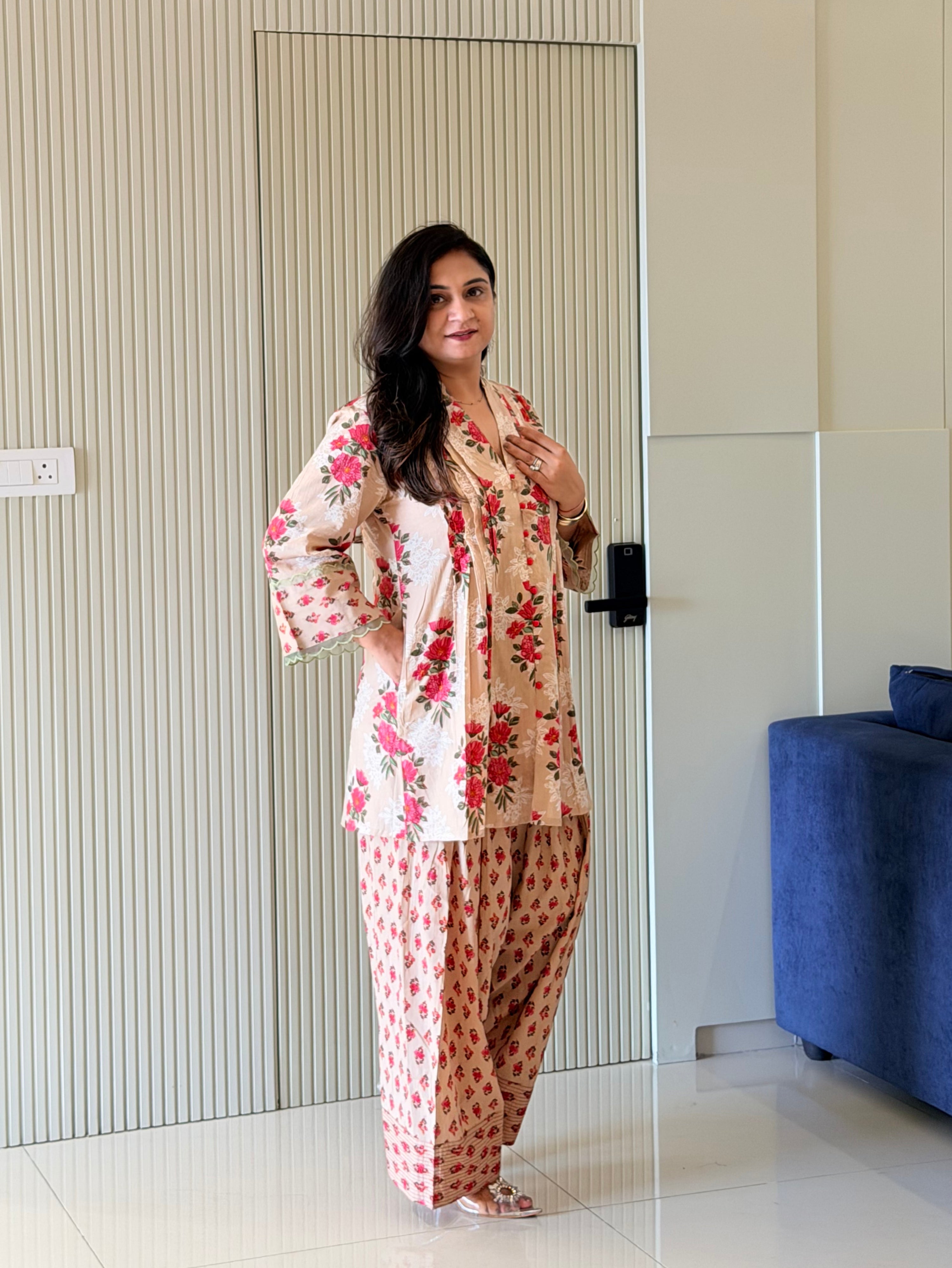 Zubeda Beige Cotton Floral A-line Farshi Coord  Set