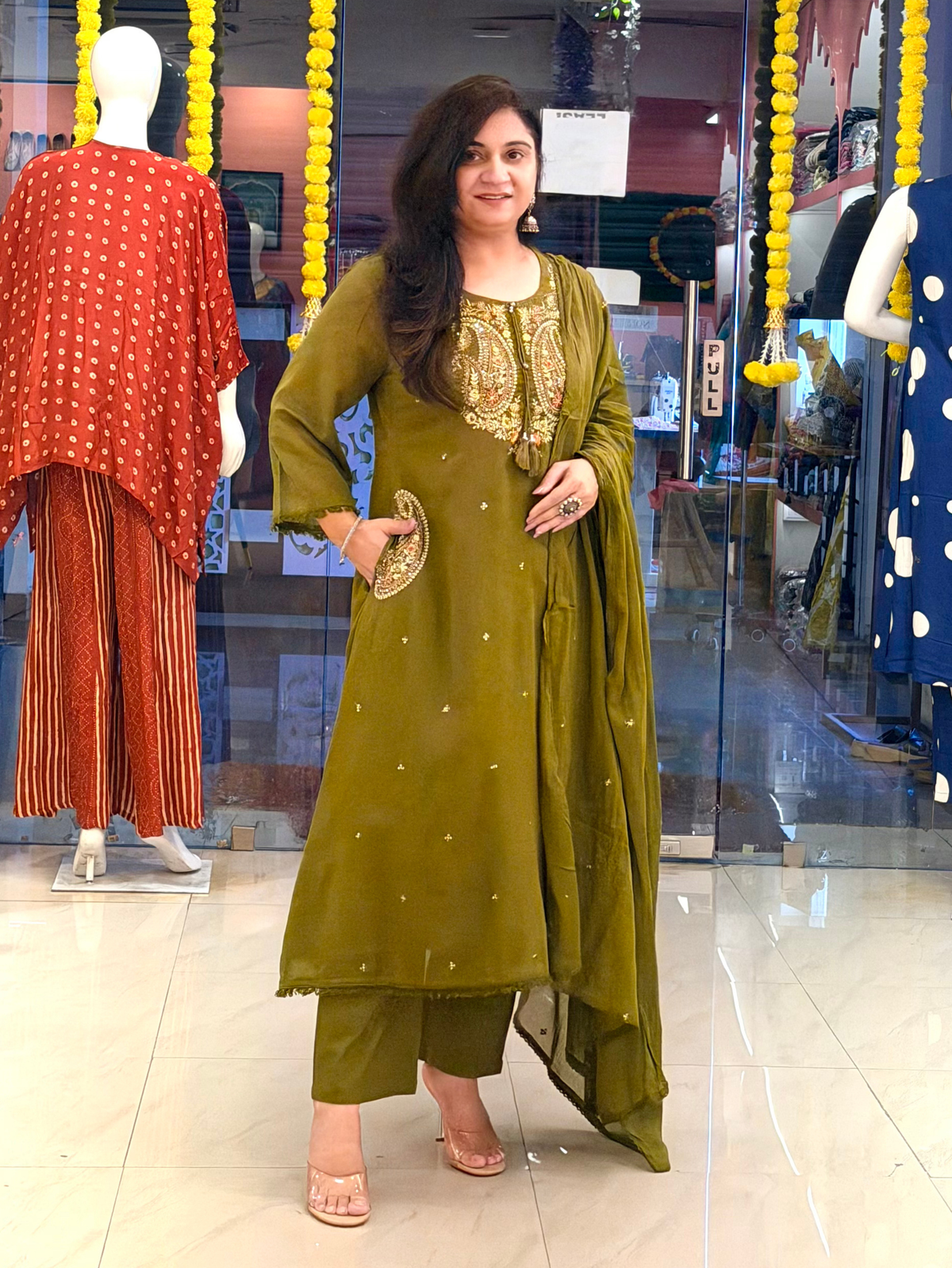 Sufi Green Mul Cotton HandEmbroidered A-line Dupatta Set
