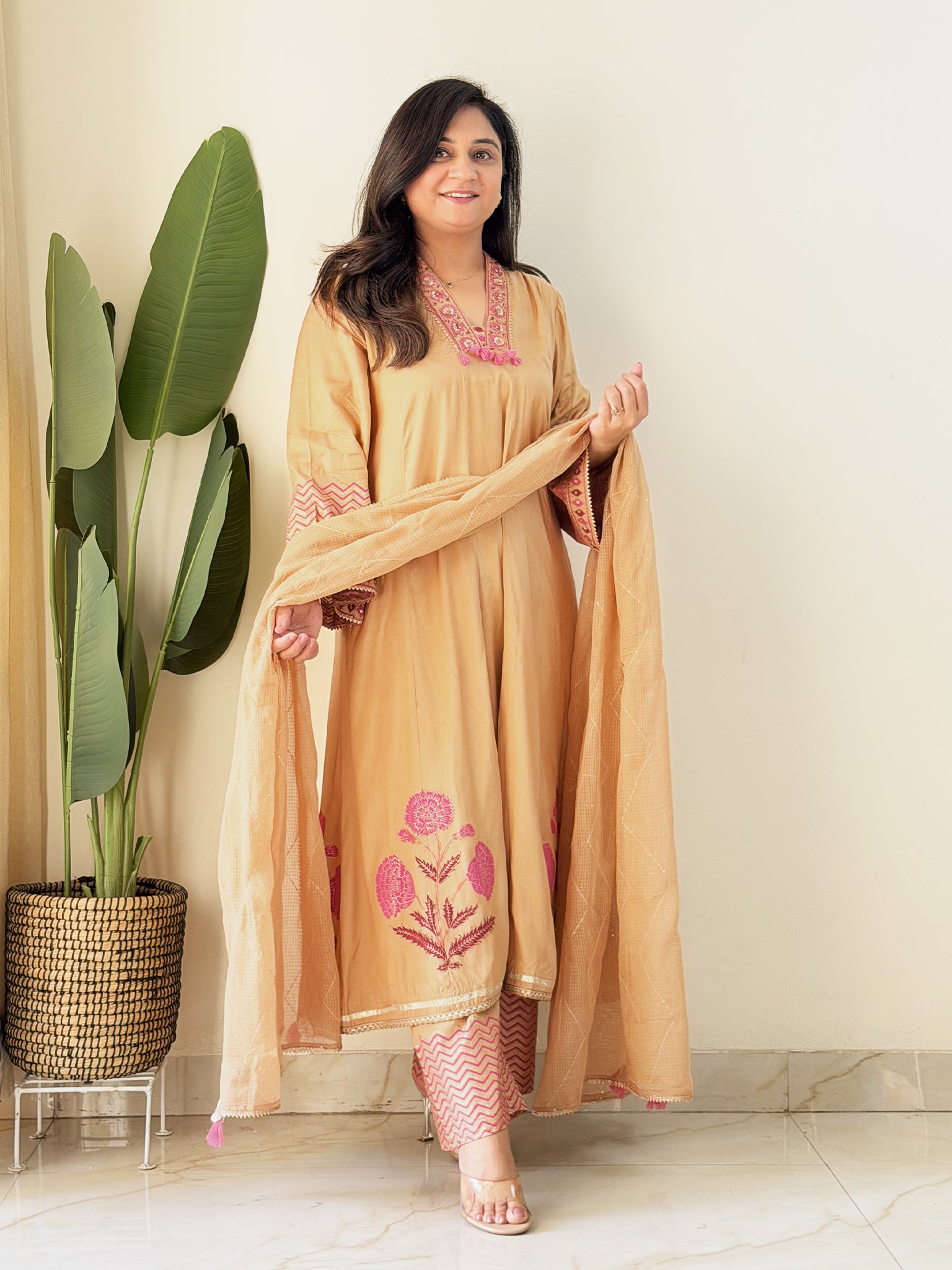 Jasmine Beige Muslin Hand-Embroidered Anarkali Dupatta Set