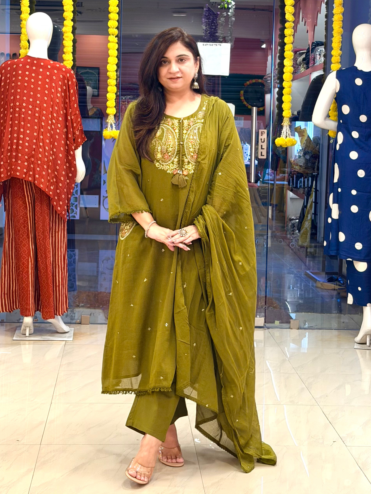 Sufi Green Mul Cotton HandEmbroidered A-line Dupatta Set