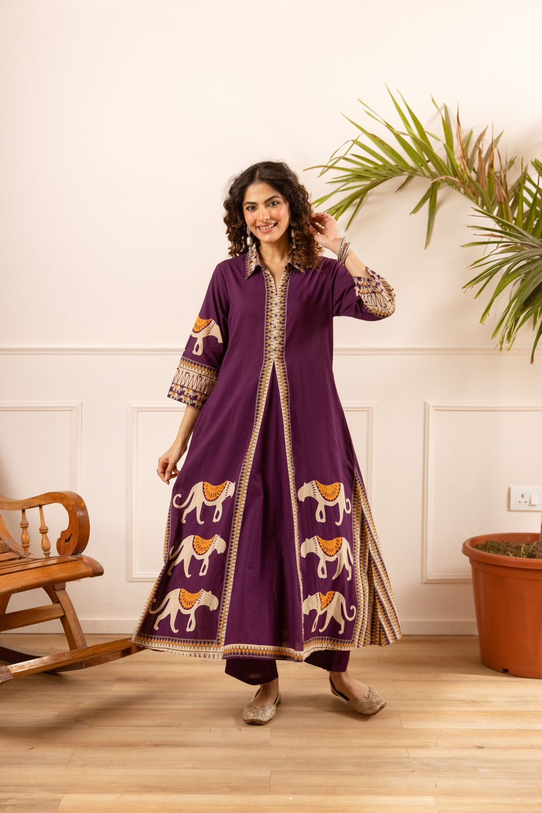 Kiara Purple Tribal Bagh Cotton BeadWork Kurta Set