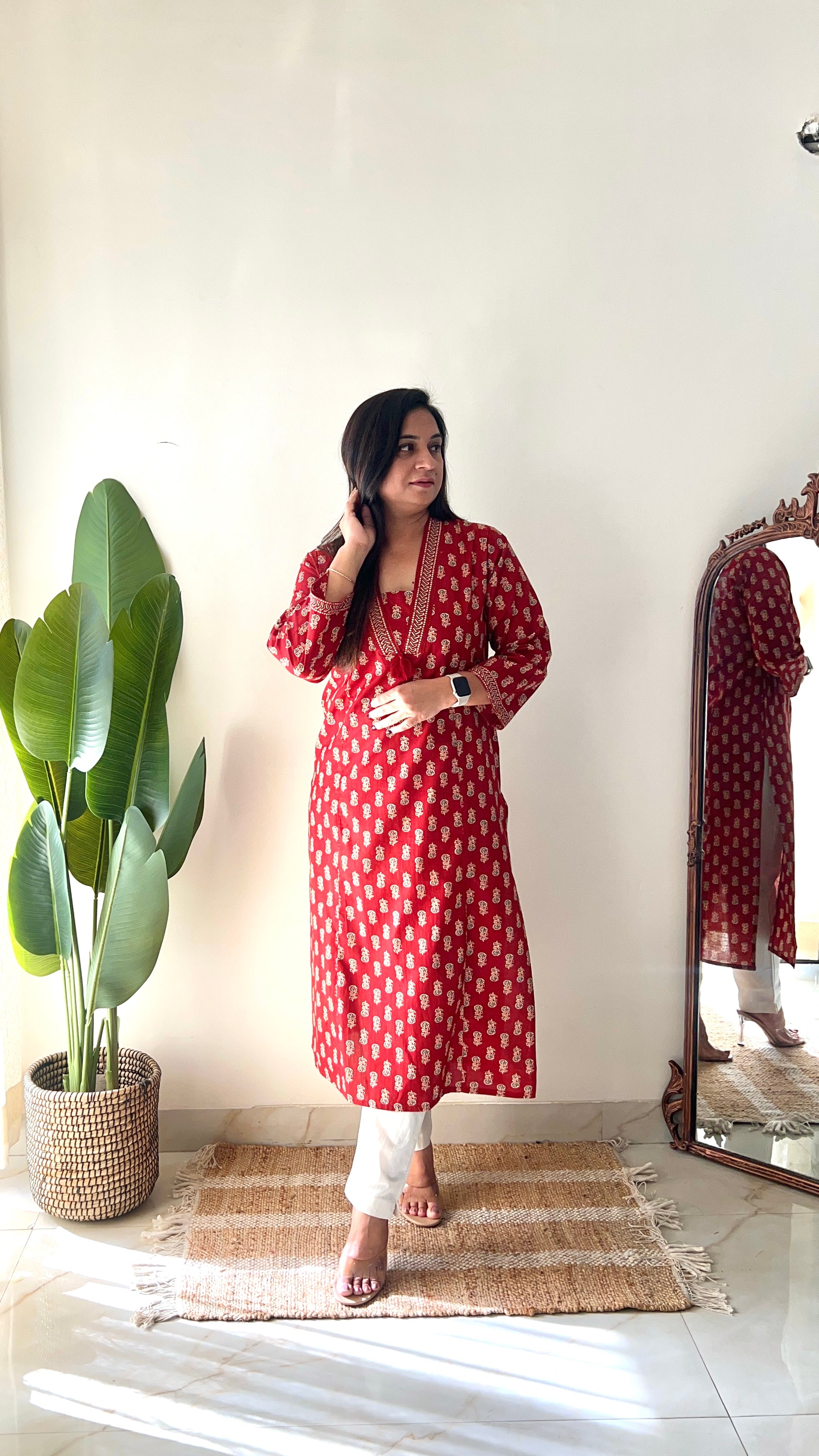 Red Ajrakh Casual Cotton Straight Kurta