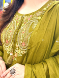 Sufi Green Mul Cotton HandEmbroidered A-line Dupatta Set