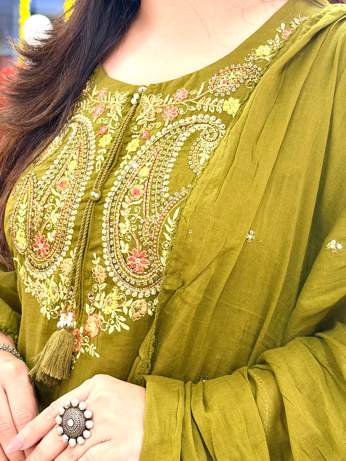 Sufi Green Mul Cotton HandEmbroidered A-line Dupatta Set