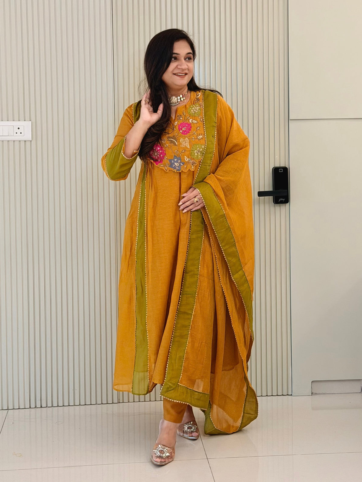 Sejal Yellow Mul Chanderi HandEmbroidered A-line Dupatta Set