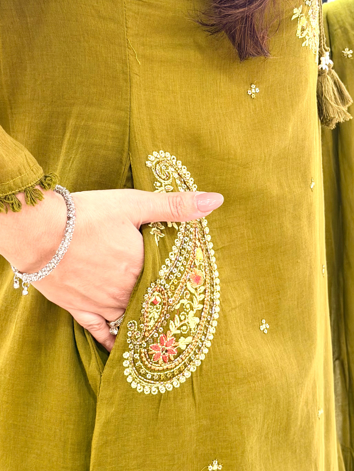 Sufi Green Mul Cotton HandEmbroidered A-line Dupatta Set