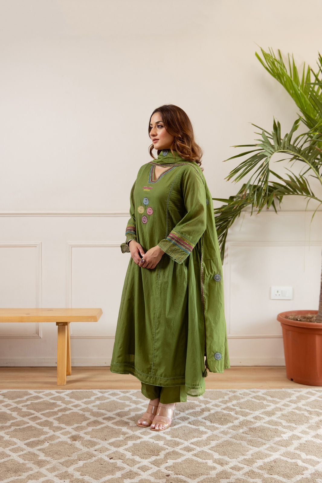 Zola Green Net Chanderi Embroidered Anarkali Set
