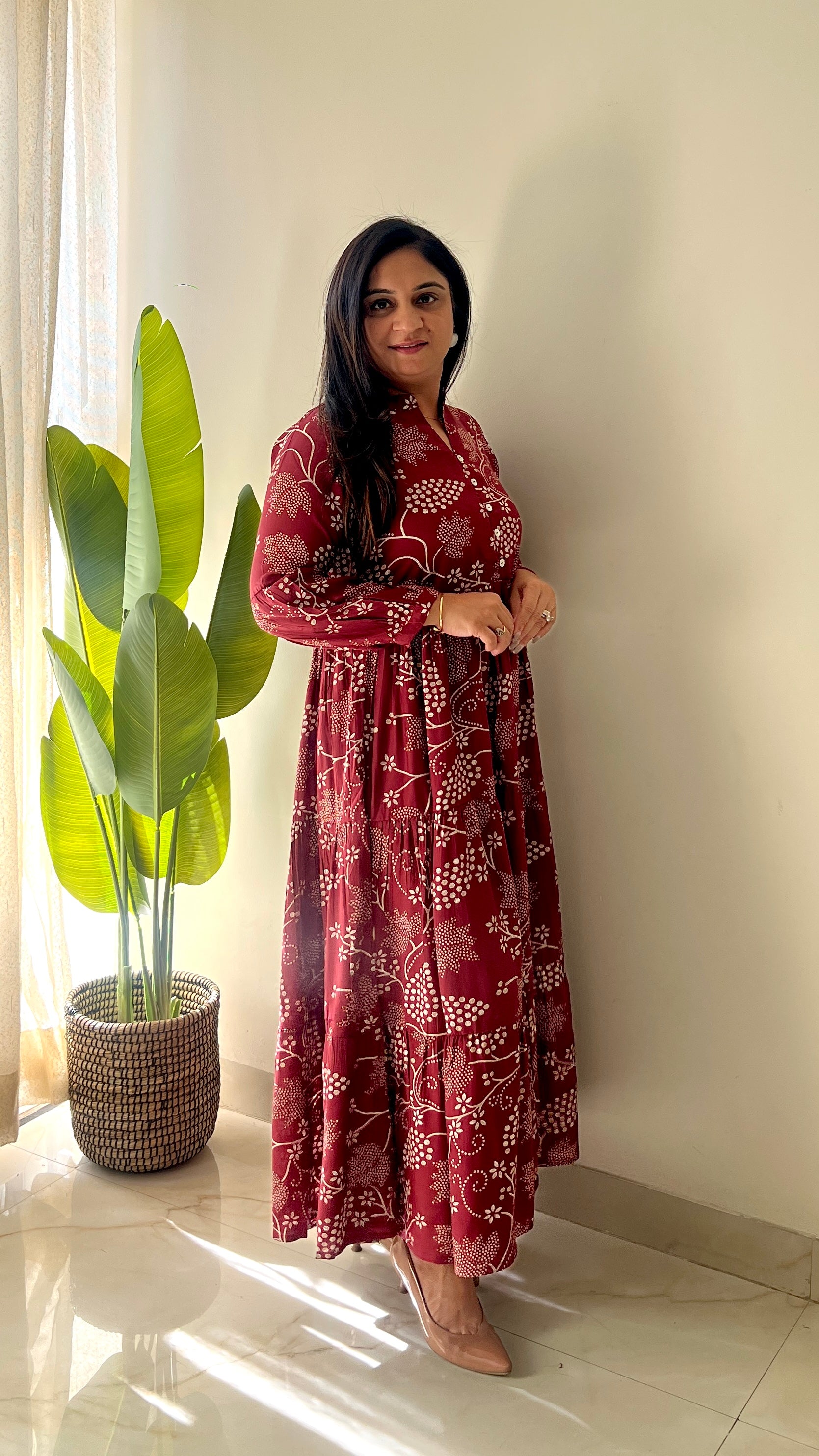 Sarfa Maroon Crystal Muslin Casual Long Dress