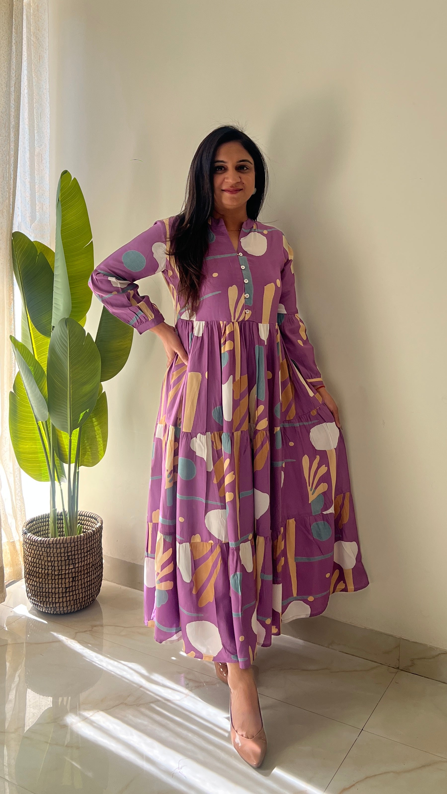 Sarfa Lilac Crystal Muslin Casual Long Dress