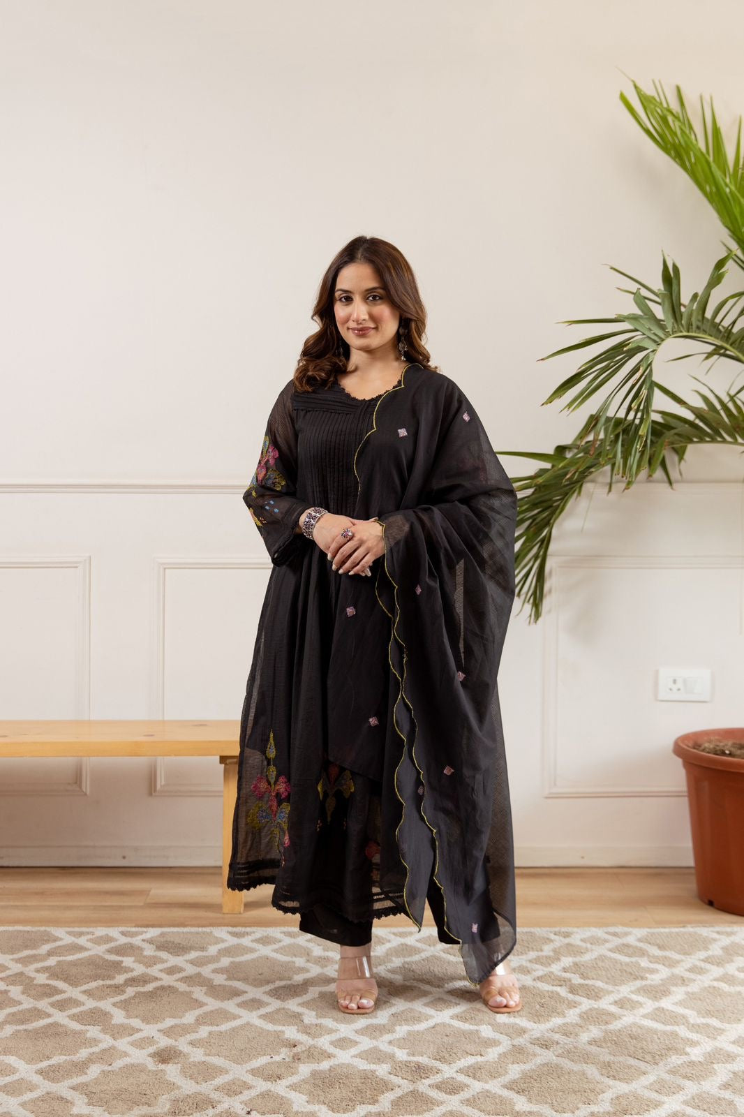 Zina Black Net Chanderi Embroidered Anarkali Set