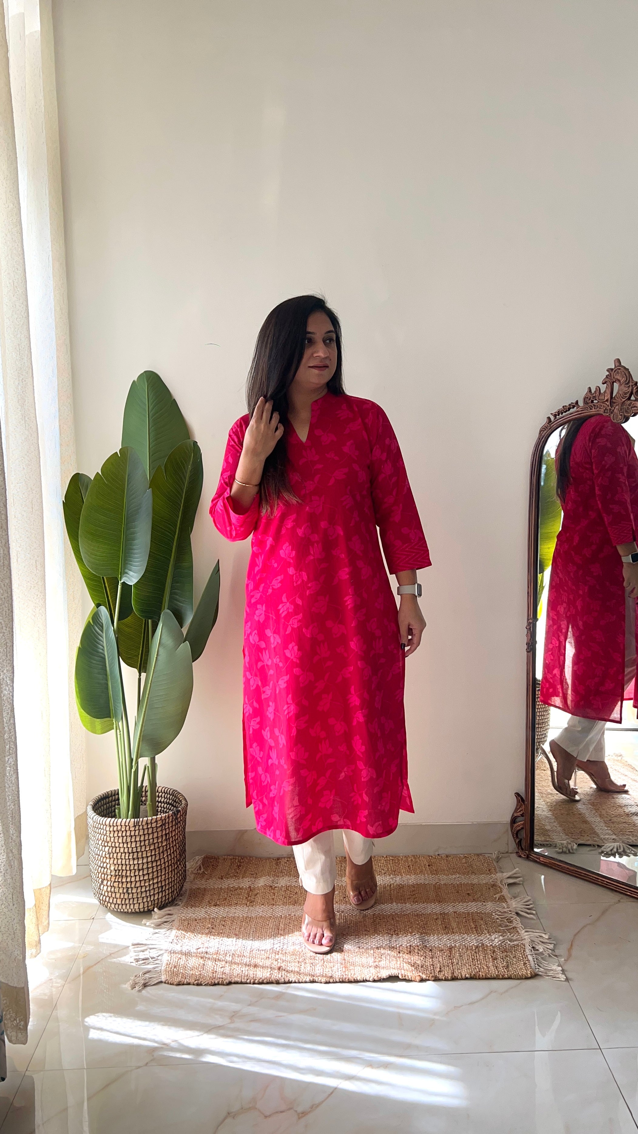 Pink Floral Casual Cotton Straight Kurta - The Jaipur Studio