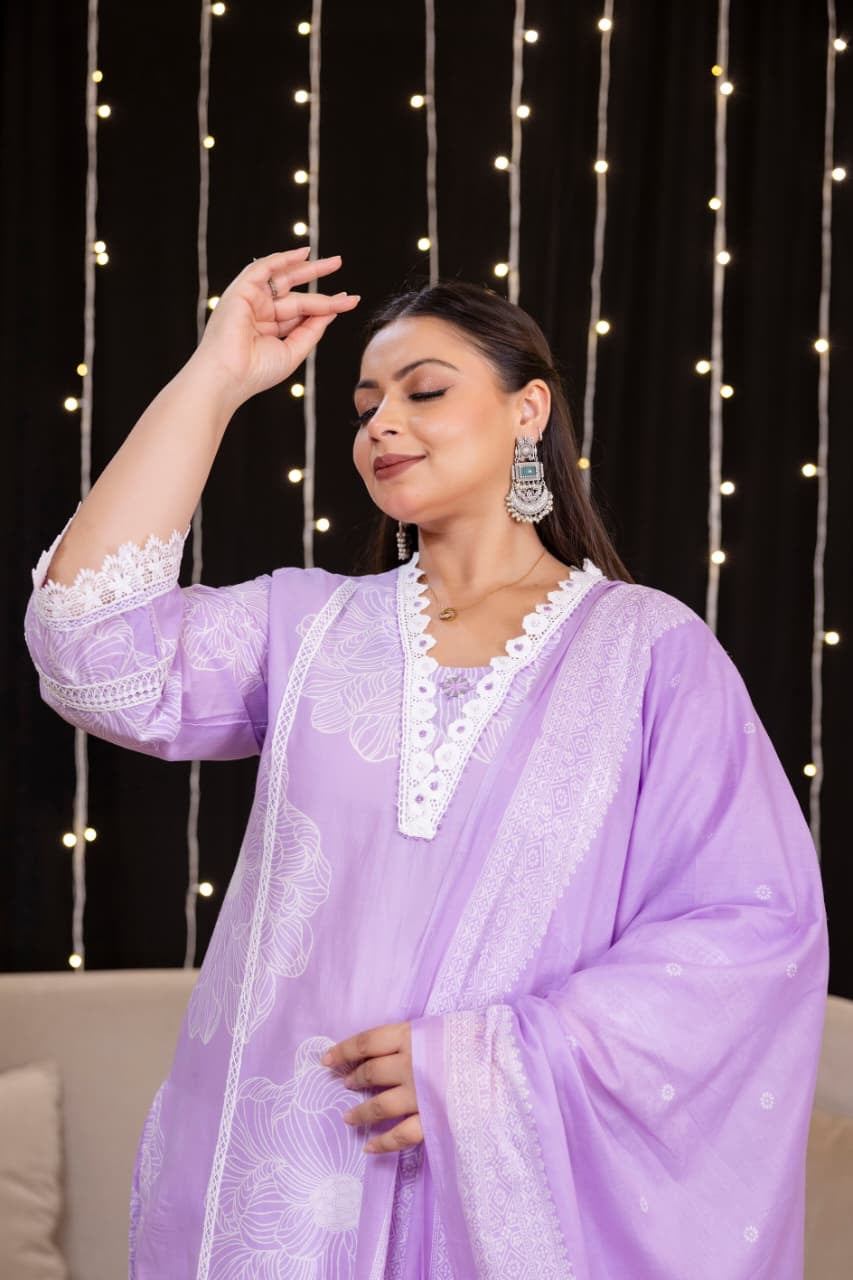 Tuba Lavender Cotton Lace Deatailed Straight Dupatta Set